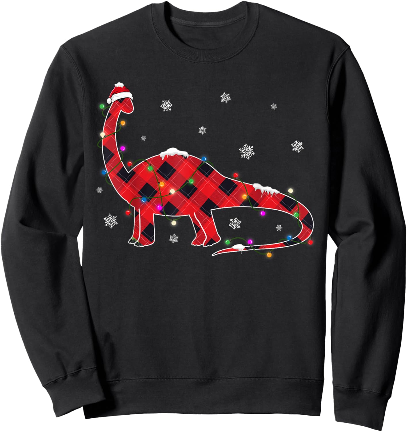 Red Buffalo Plaid T-rex Dinosaur Christmas Tree Lights Sweatshirt - Sweatshirt | Black
