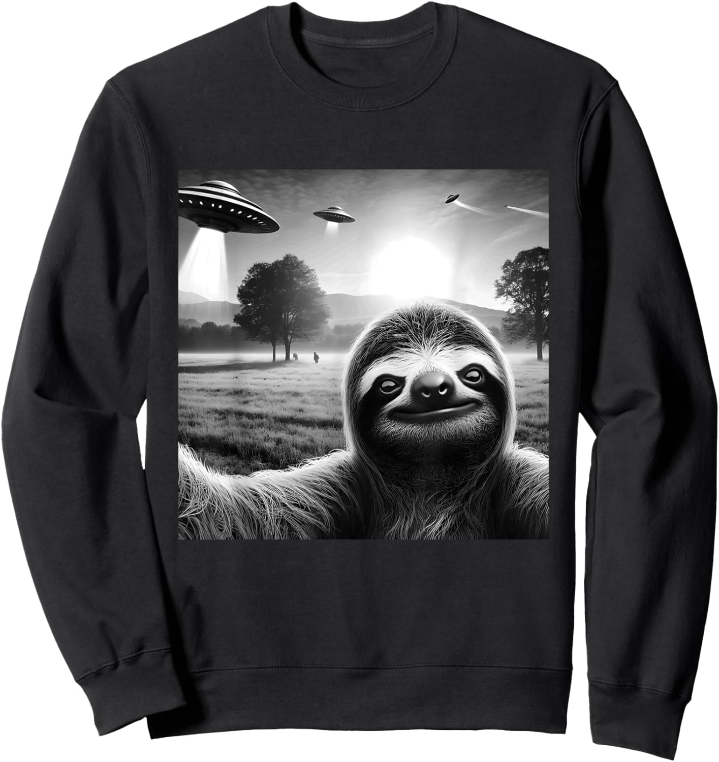 Sloth Funny Graphic Selfie with UFOs Weird Aliens Sweatshirt - Sweatshirt | Black