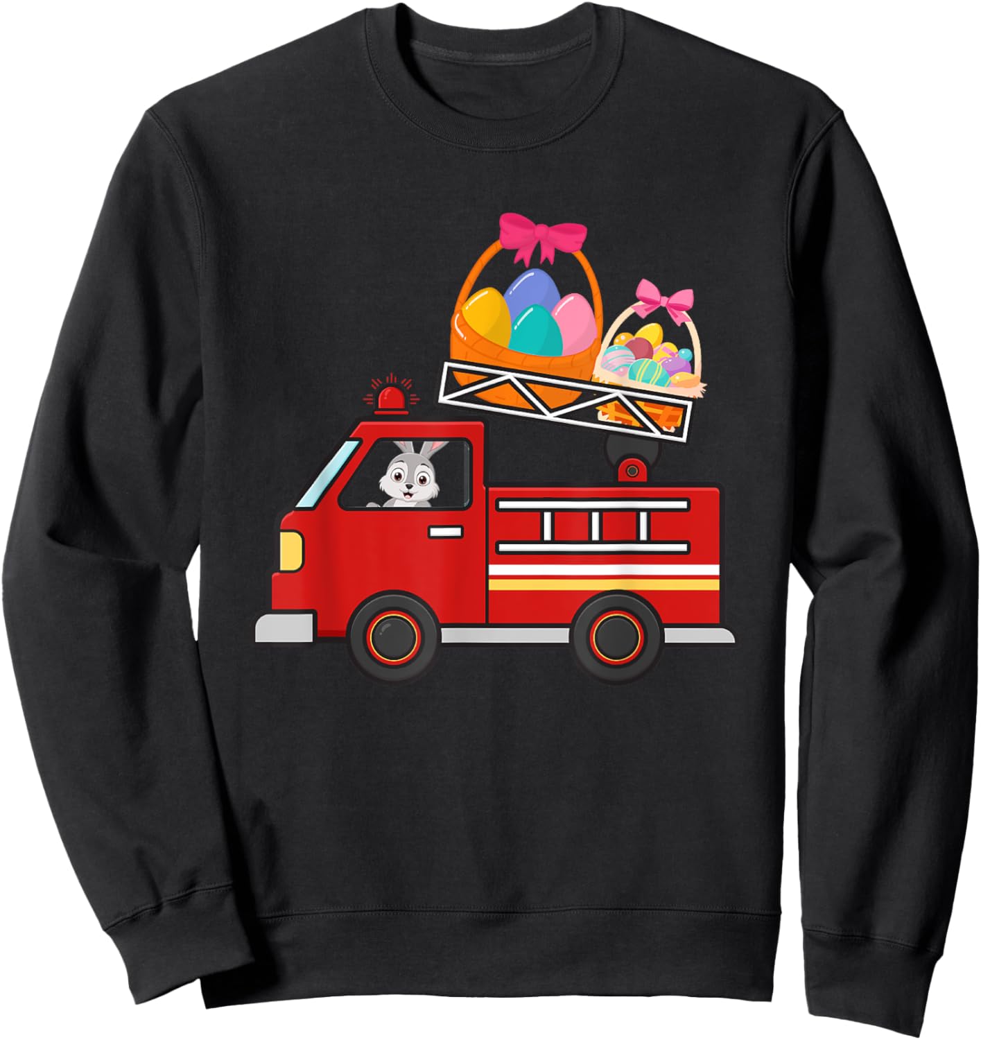 Bunny Riding Firetruck Easter Day Firefighter Happy Easter Sweatshirt - Sweatshirt | Black