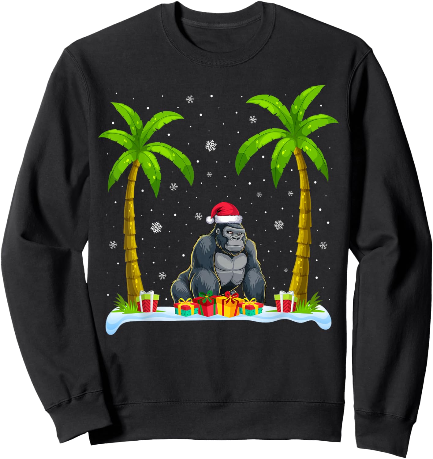 Gorilla Santa Hat Palm Tree Beach Xmas Pajama Sweatshirt - Sweatshirt | Black