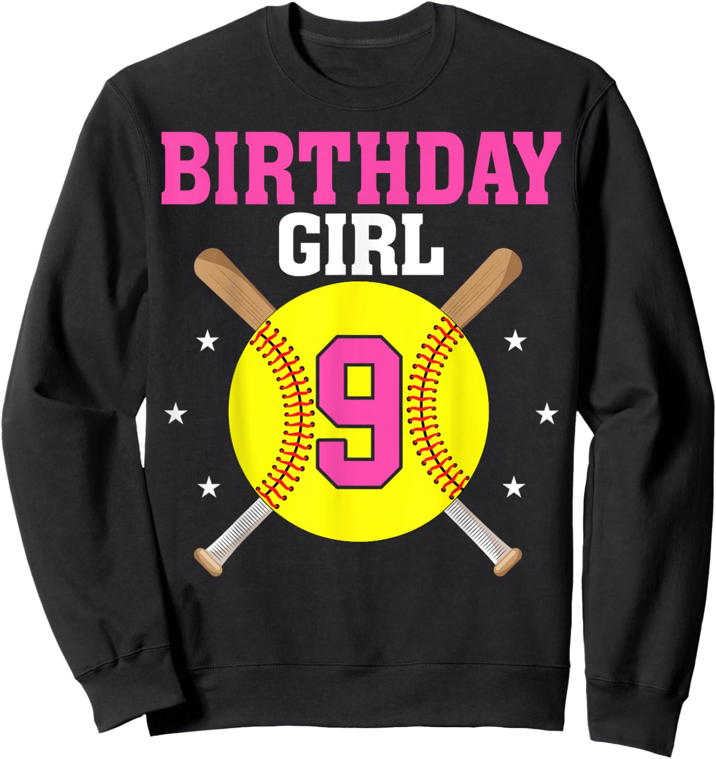 9th Birthday Party Softball Player Birthday Girl 9 Years Old Sweatshirt - Sweatshirt | Black