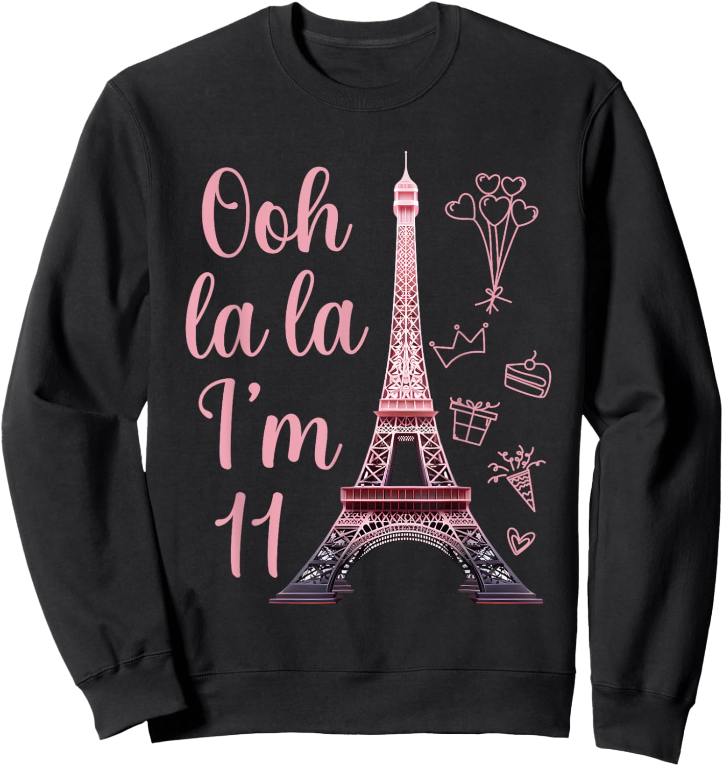 Paris 11th Birthday Eiffel Tower 11 Years Old Cute Girl Sweatshirt - Sweatshirt | Black