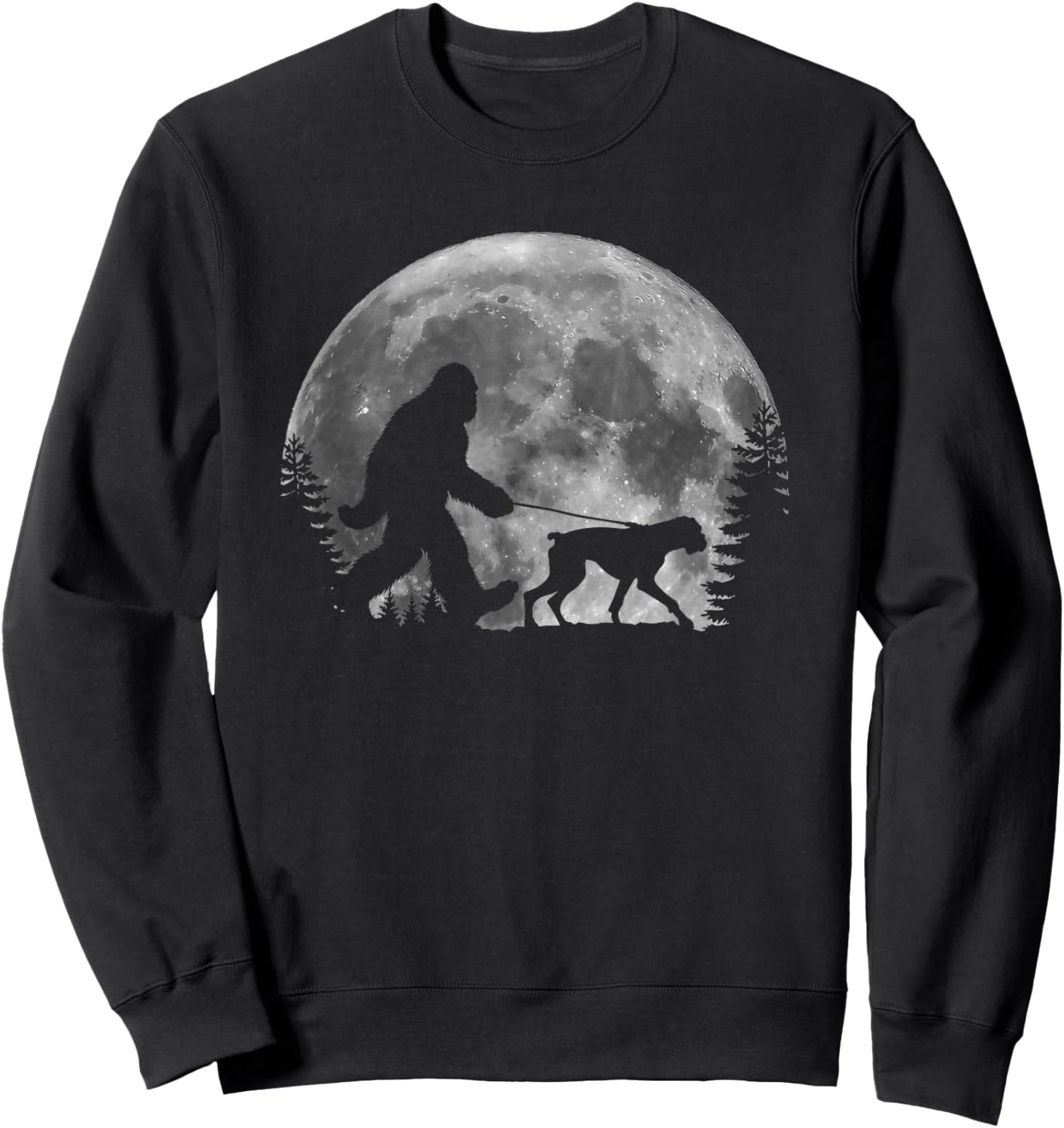 Bigfoot Walking a Dog Funny Boxer Lovers Moon Halloween Sweatshirt - Sweatshirt | Black