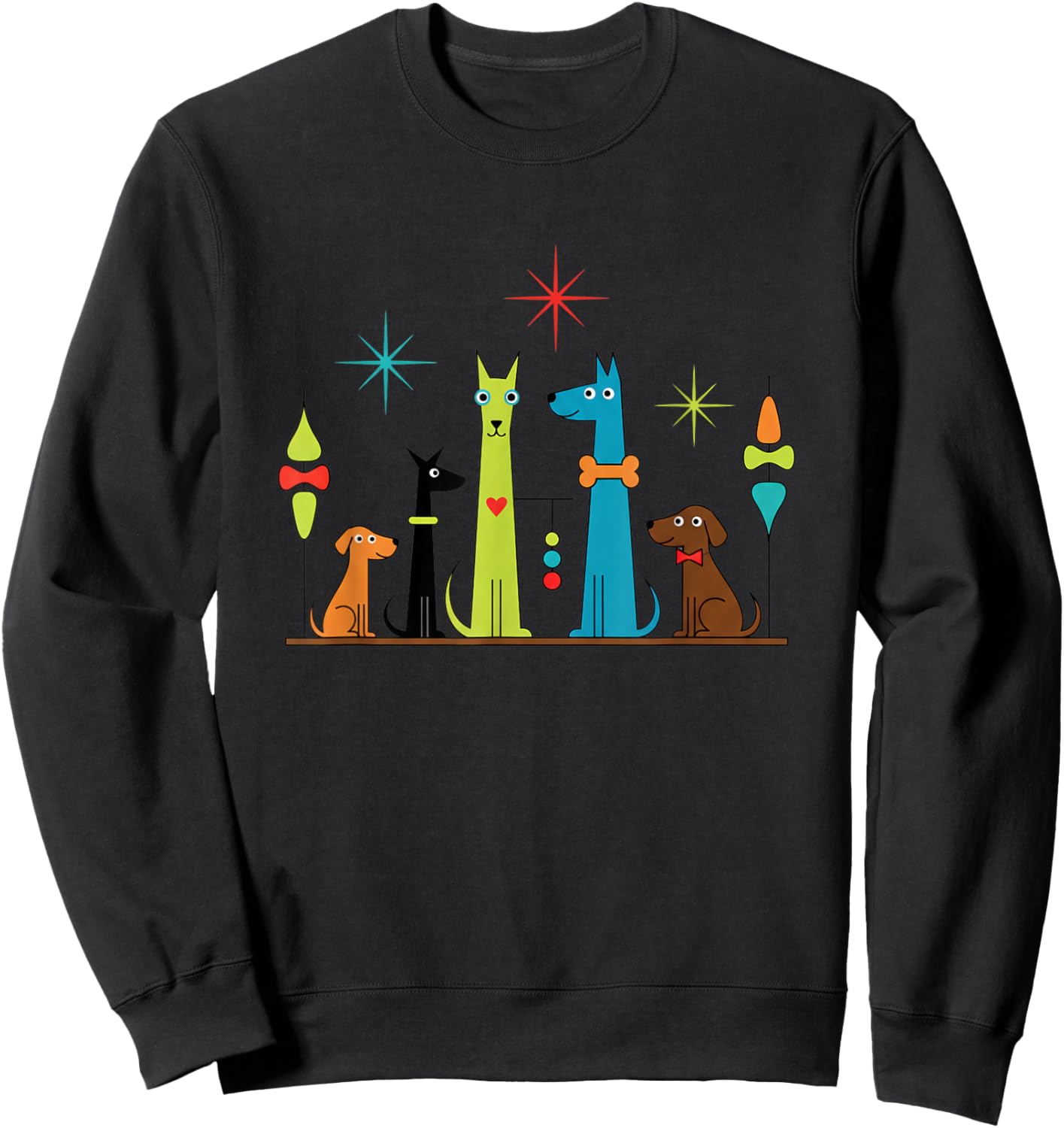 Dog Retro Mid-Century Colorful Dogs, Playful Dog Lover Art Sweatshirt - Sweatshirt | Black