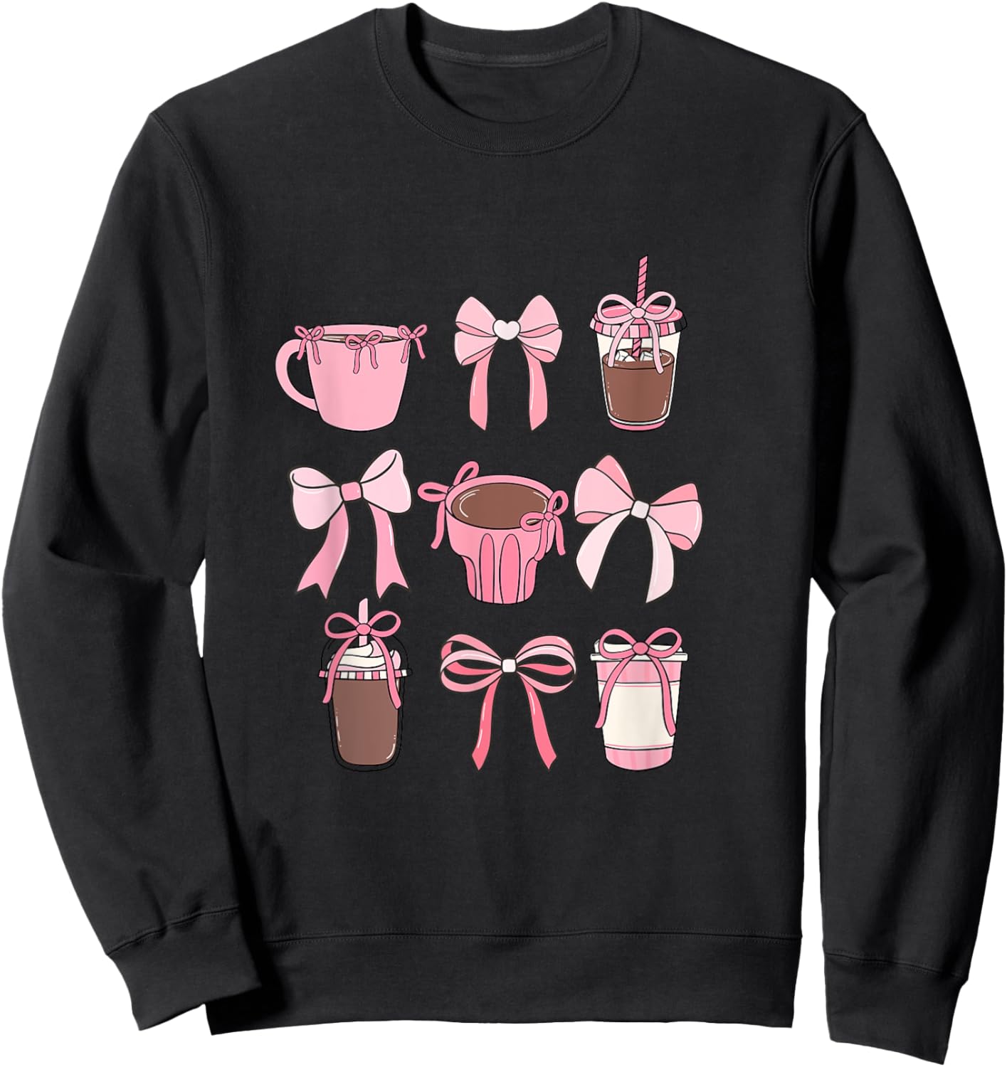 Cute Hot Iced Coffee and PInk Bows Girly Aesthetic Sweatshirt - Sweatshirt | Black