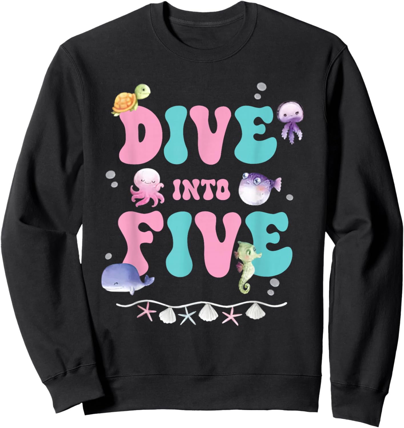 Dive Into 5 Birthday Decorations Girl Retro Sea Animals Sweatshirt - Sweatshirt | Black