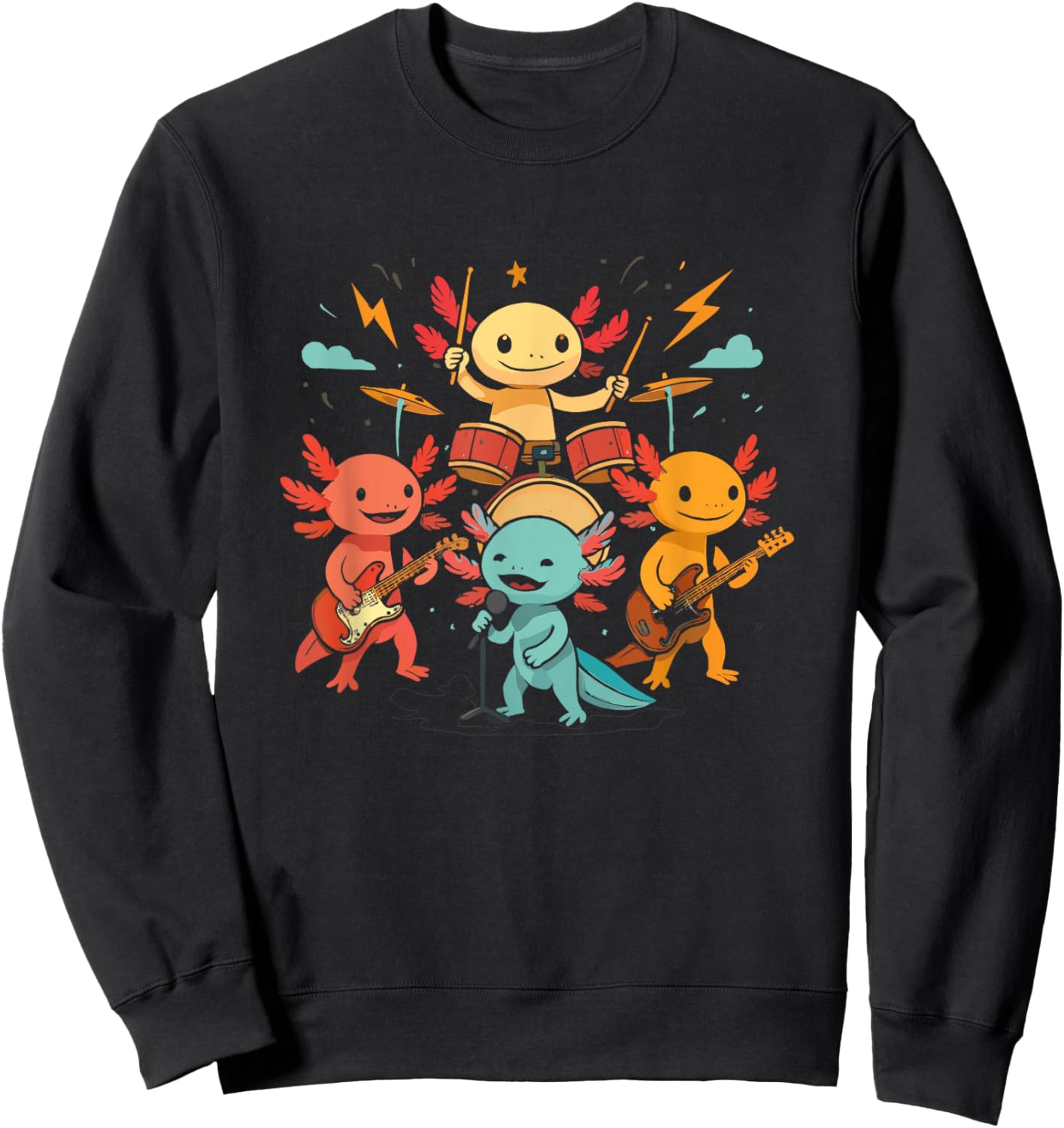 Cute Axolotl Rock Band Playing Drums Guitar Singing Graphic Sweatshirt - Sweatshirt | Black