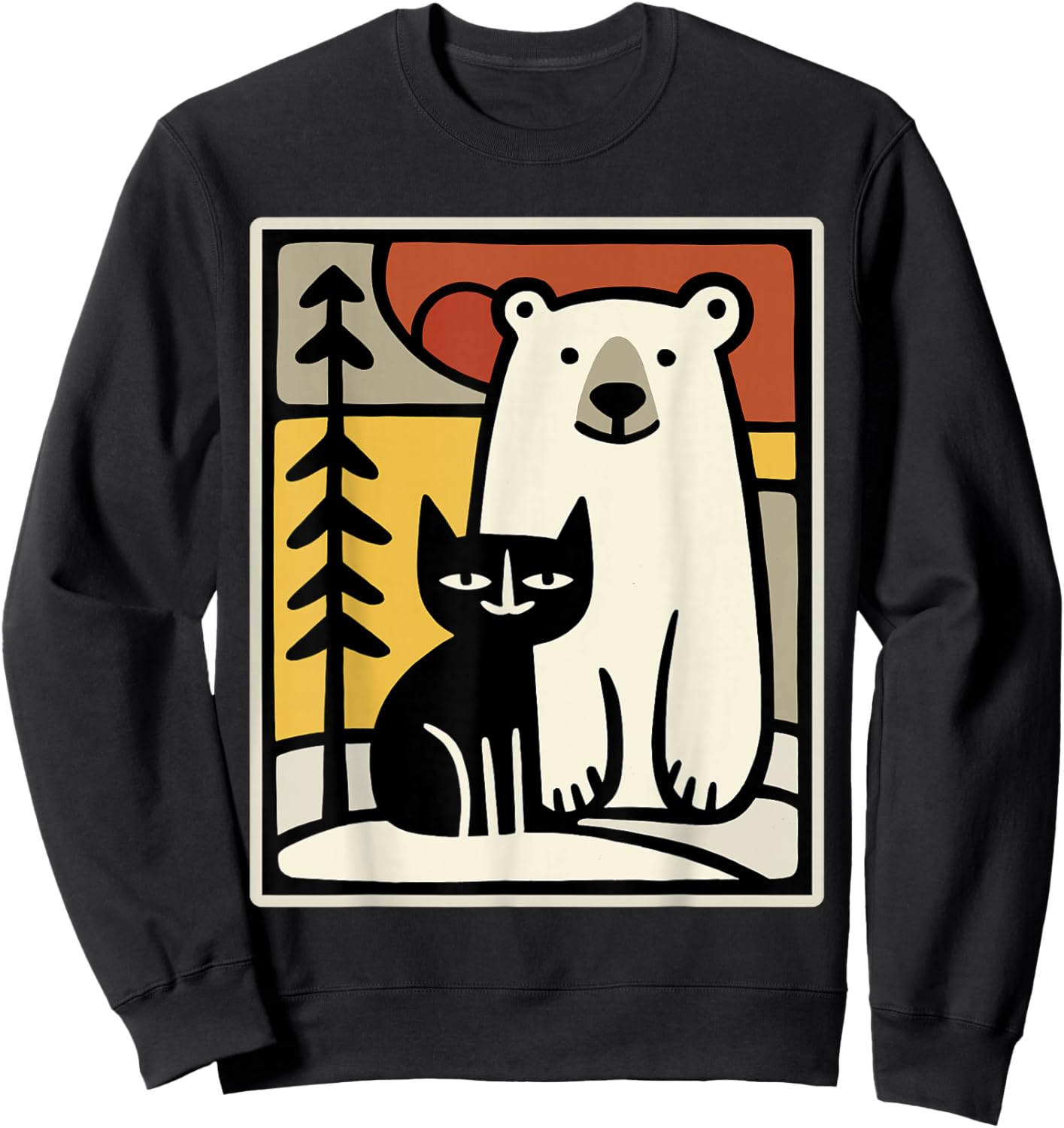 Black Cat and Polar Bear Sitting in Snow Winter Animal Art Sweatshirt - Sweatshirt | Black