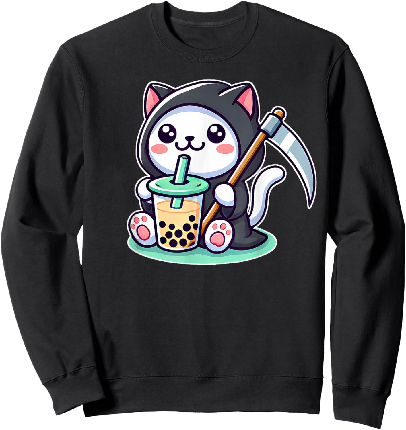 Japan Bubble Tea Boba Tea Kawaii Anime Neko Grim Reaper Cat Men Women Sweatshirt - Sweatshirt | Black
