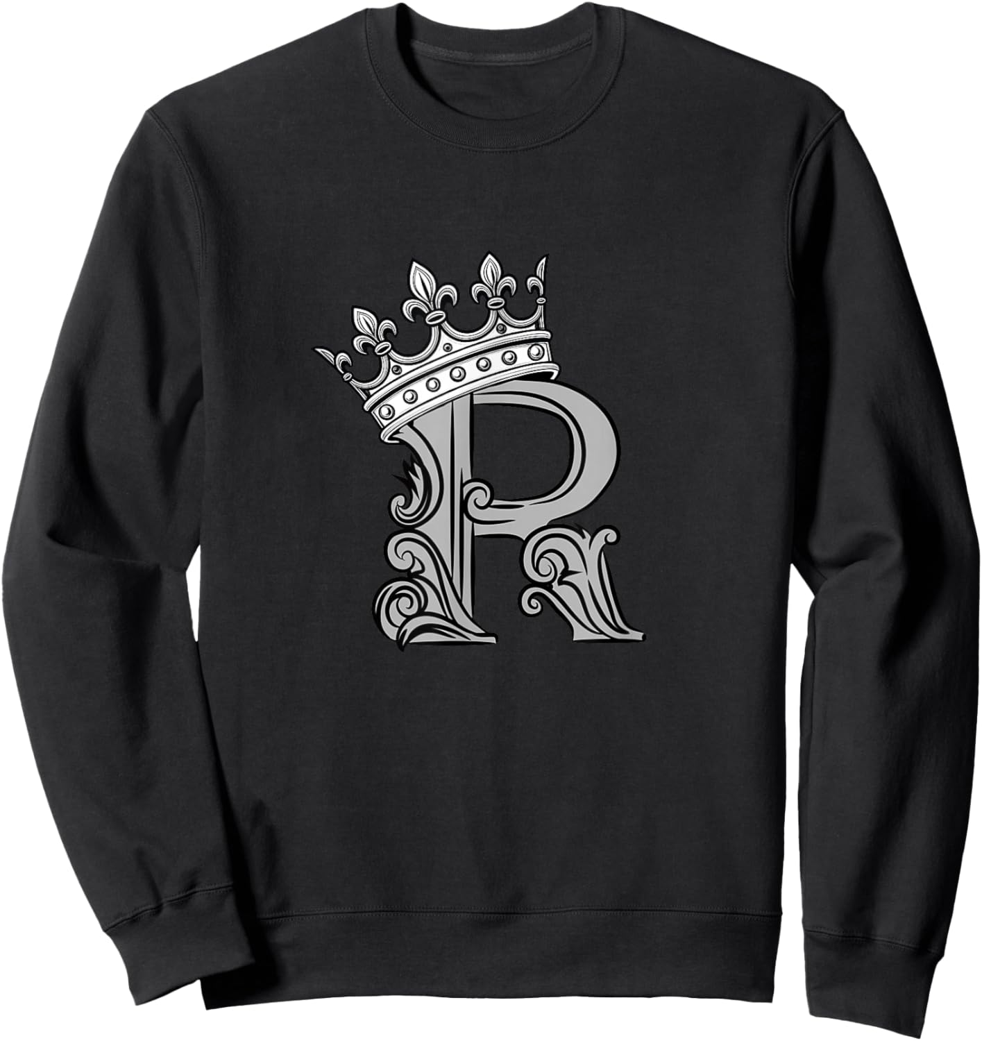 Grey Color Letter R Initial + Crown Grey Graphic Sweatshirt - Sweatshirt | Black