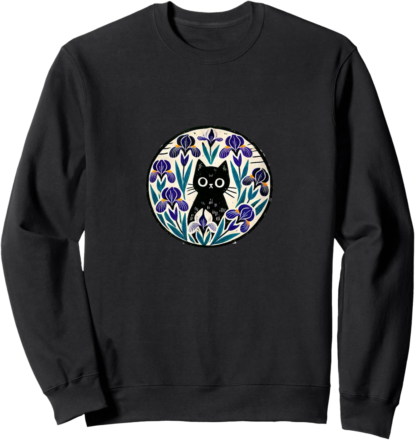 Black Cat Art Iris Flower Illustration Sweatshirt - Sweatshirt | Black