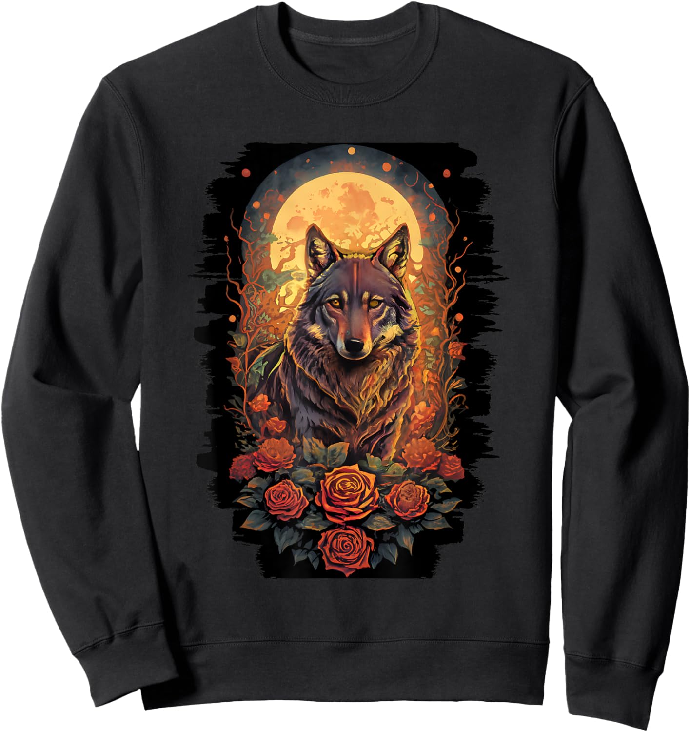 Botanical Wolf Women Roses Full Moon Kids Floral Wolf Sweatshirt - Sweatshirt | Black