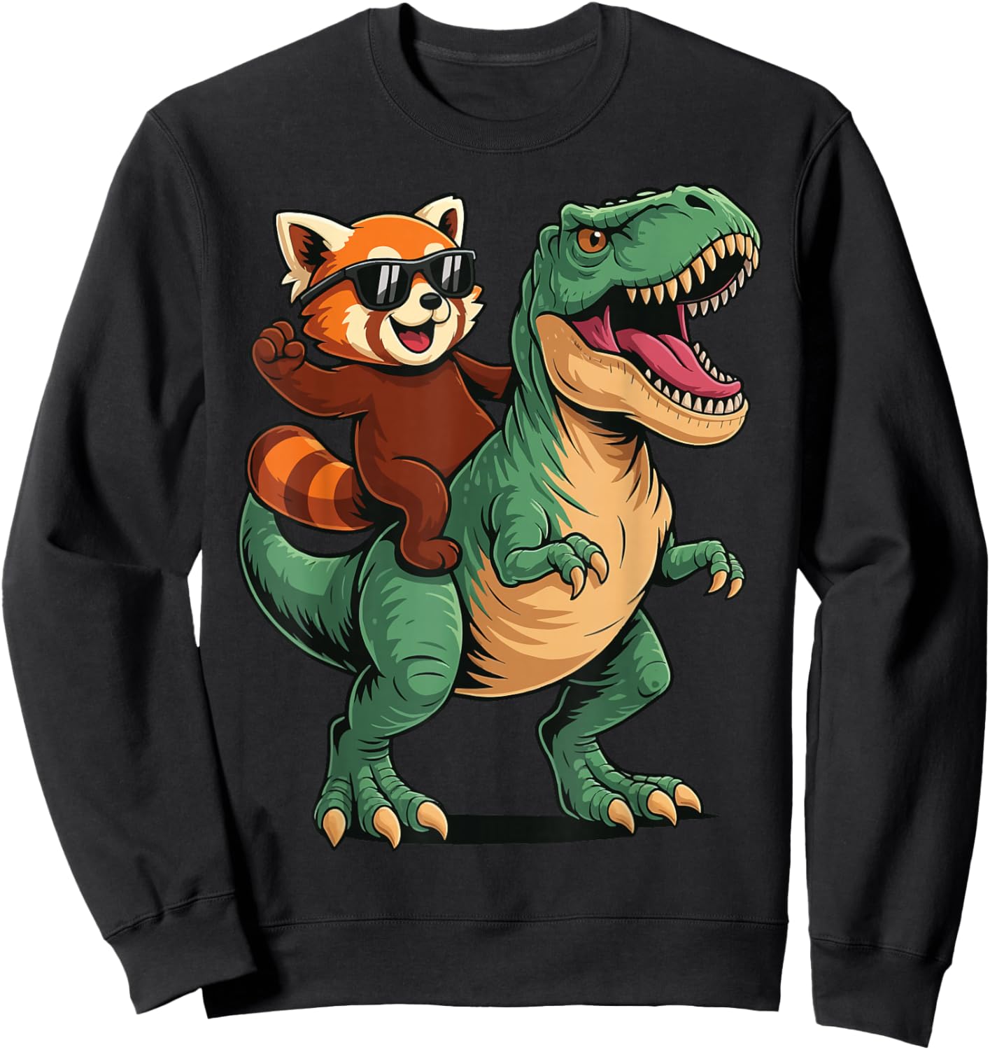 Red Panda Riding T-Rex Sweatshirt - Sweatshirt | Black