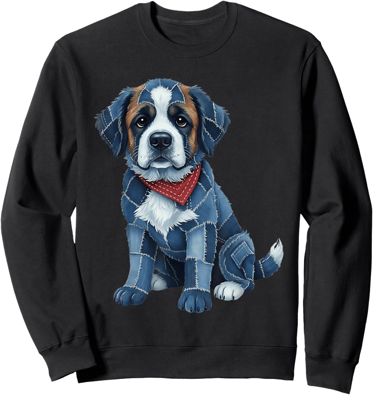 Funny Saint Bernard Dog Blue Denim Patchwork Pattern Sweatshirt - Sweatshirt | Black