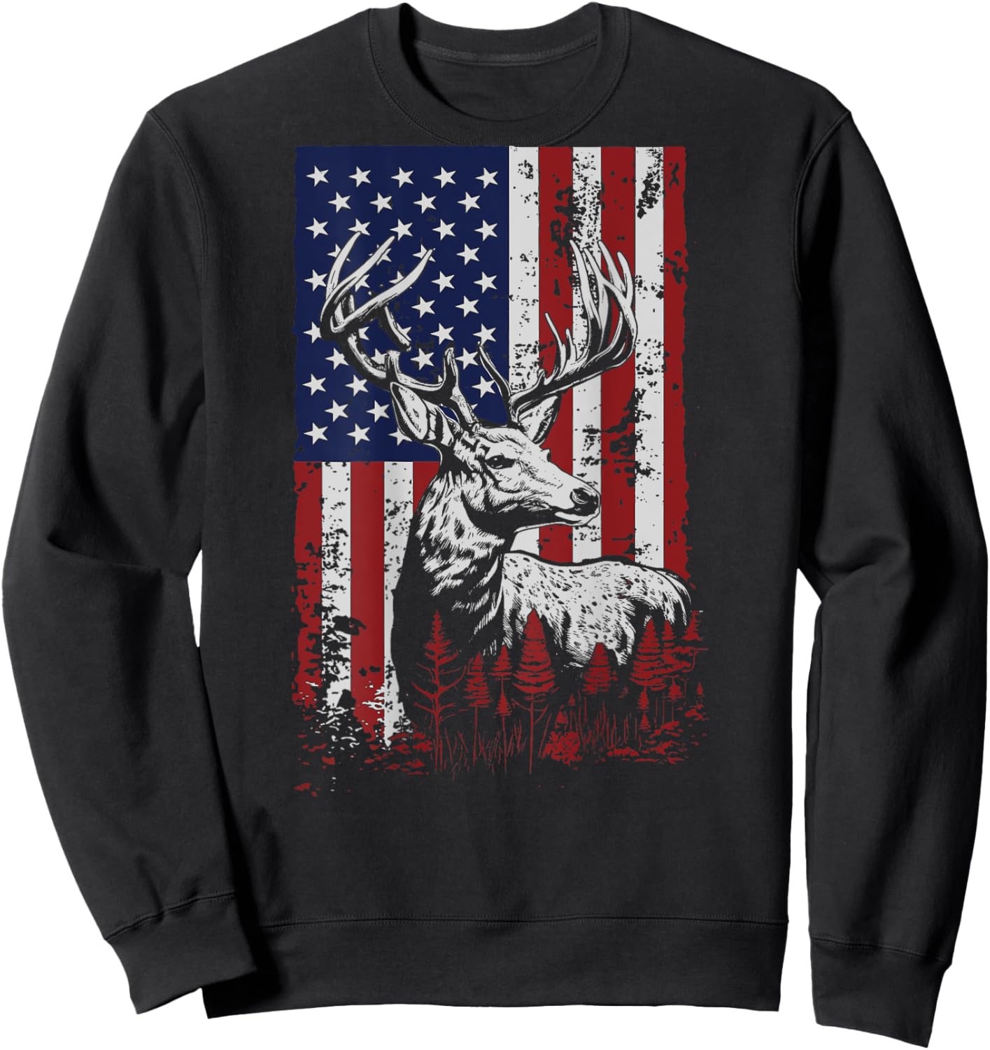 Whitetail Buck Deer Hunting American Flag Patriotic ON BACK Sweatshirt - Sweatshirt | Black