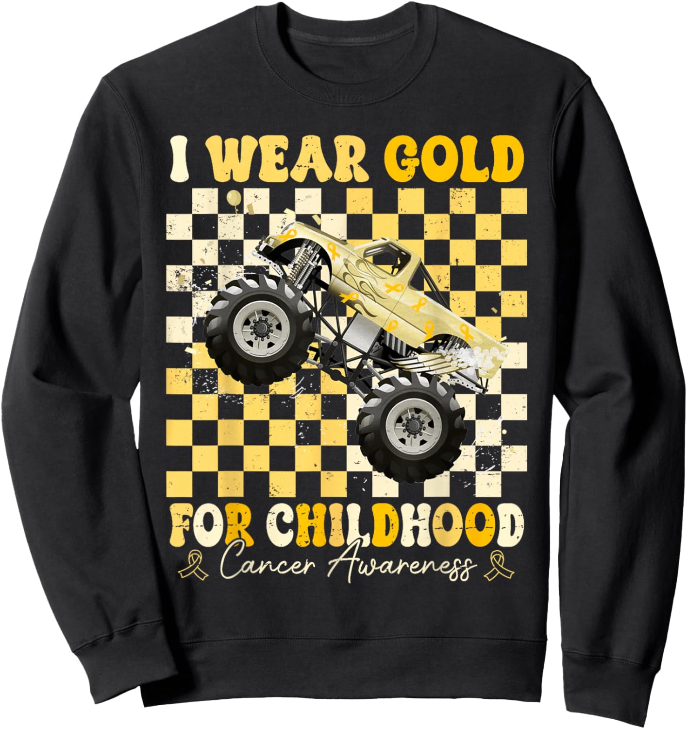 I Wear Gold for Childhood Cancer Awareness Monster Truck Kid Sweatshirt - Sweatshirt | Black