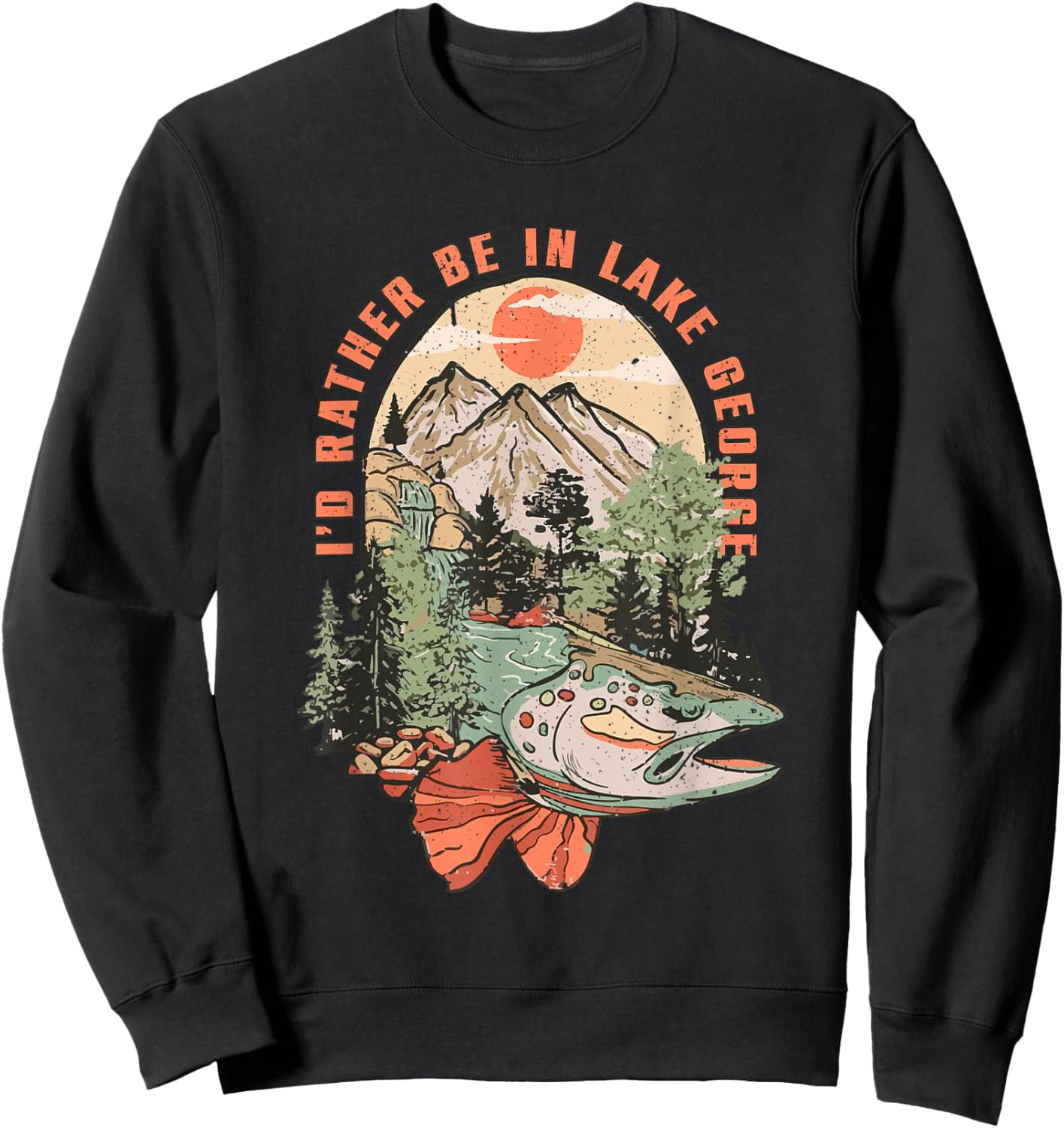 Vintage Lake Trout Fishing Lake George New York Camping Sweatshirt - Sweatshirt | Black