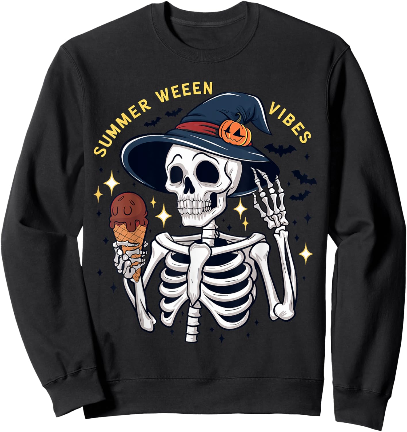 Summerween Vibes Funny Skeleton Ice Cream Summer Vacation Men Women Kids Sweatshirt - Sweatshirt | Black