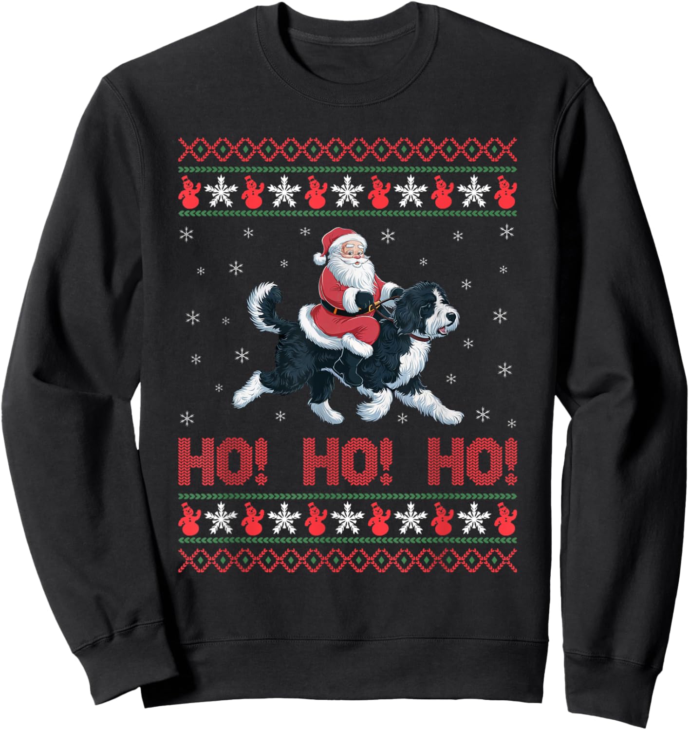 Ho Ho Ho Santa Riding Bernedoodle Dog Ugly Christmas Sweater Sweatshirt - Sweatshirt | Black