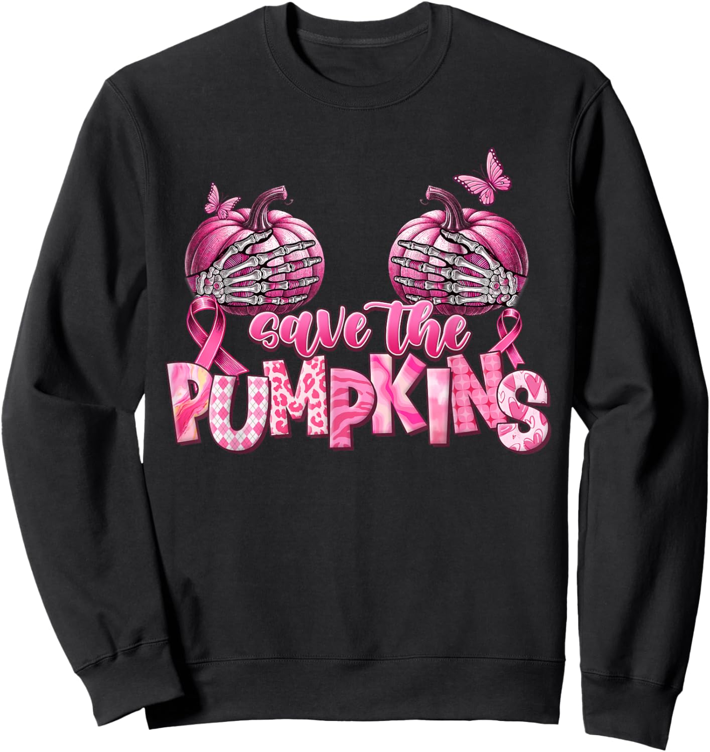 Save The Pumpkins Pink Ribbon Breast Cancer Awareness Sweatshirt - Sweatshirt | Black