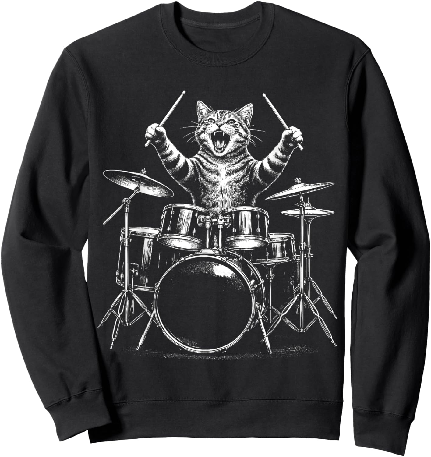 Drummer Rock Cat Playing Drums Heavy Metal Drummer Cats Music Sweatshirt - Sweatshirt | Black