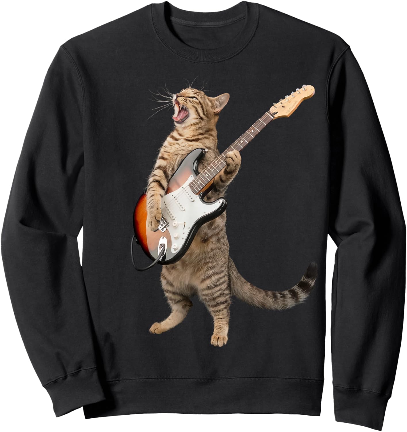 Cat Playing Guitar Shirt Kids Men Women Rock And Roll Band Sweatshirt - Sweatshirt | Black