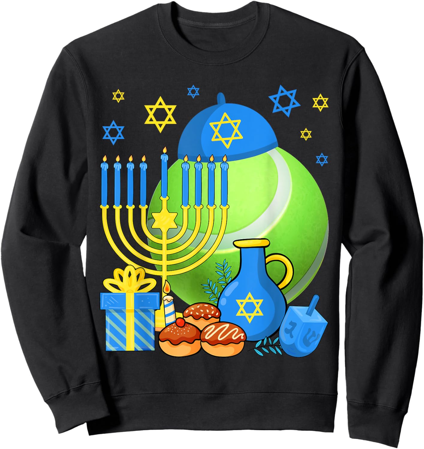 Funny Jewish Tennis Ball Menorah Happy Hanukkah Chanukah Kid Sweatshirt - Sweatshirt | Black