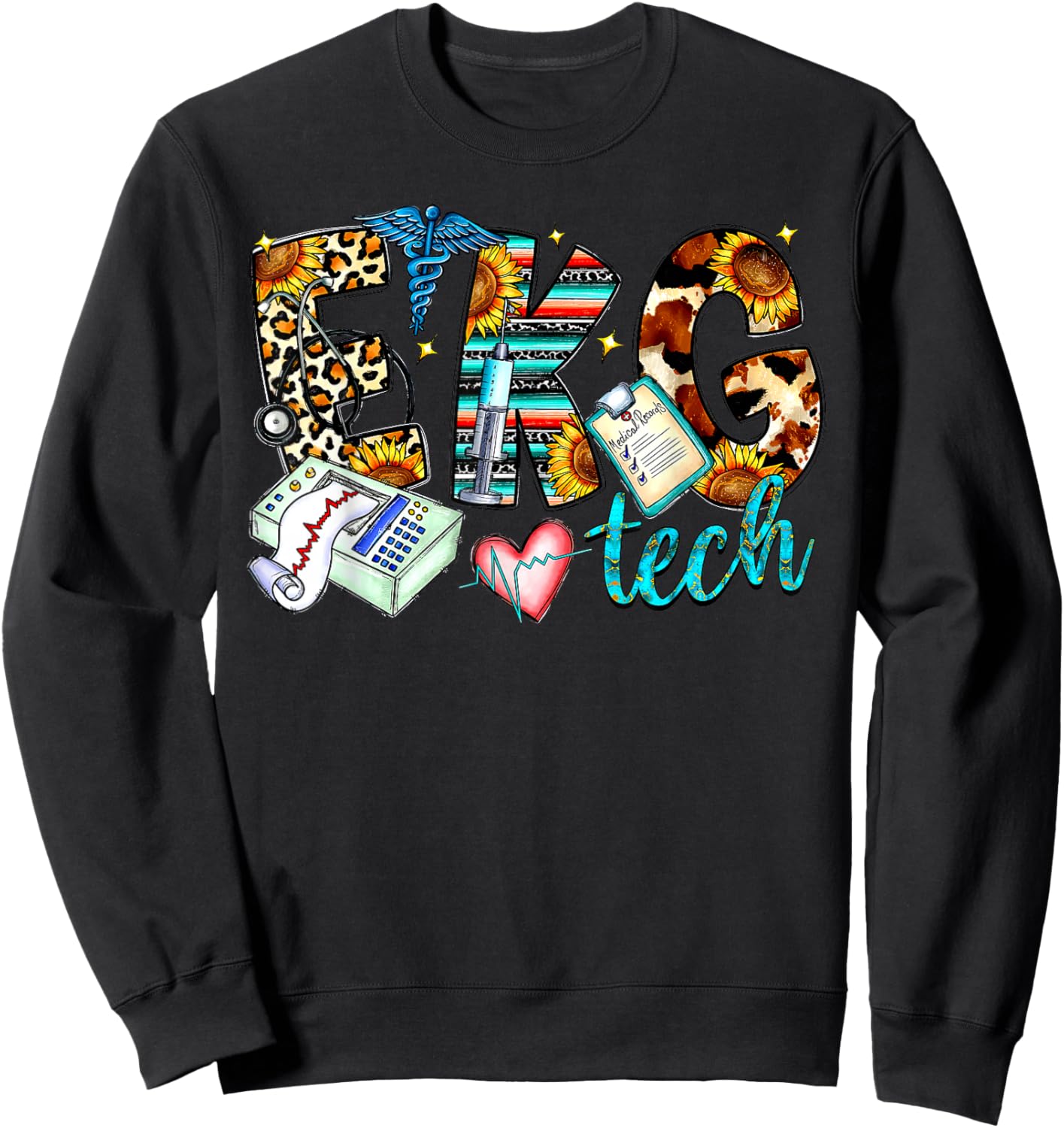 Retro Leopard EKG Tech Apparel Electrocardiogram Specialist Sweatshirt - Sweatshirt | Black