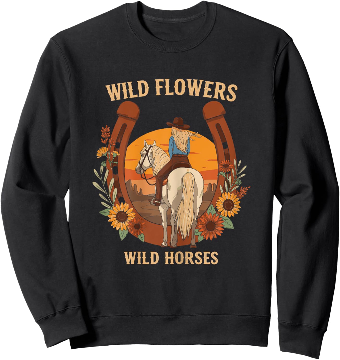 Wild Flowers Wild Horses Retro Rodeo Western Country Cowgirl Sweatshirt - Sweatshirt | Black