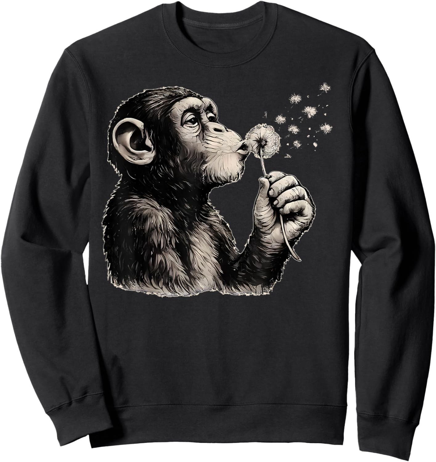 Blowing Wishes Funny Monkey Blowing Dandelion Retro Graphic Sweatshirt - Sweatshirt | Black
