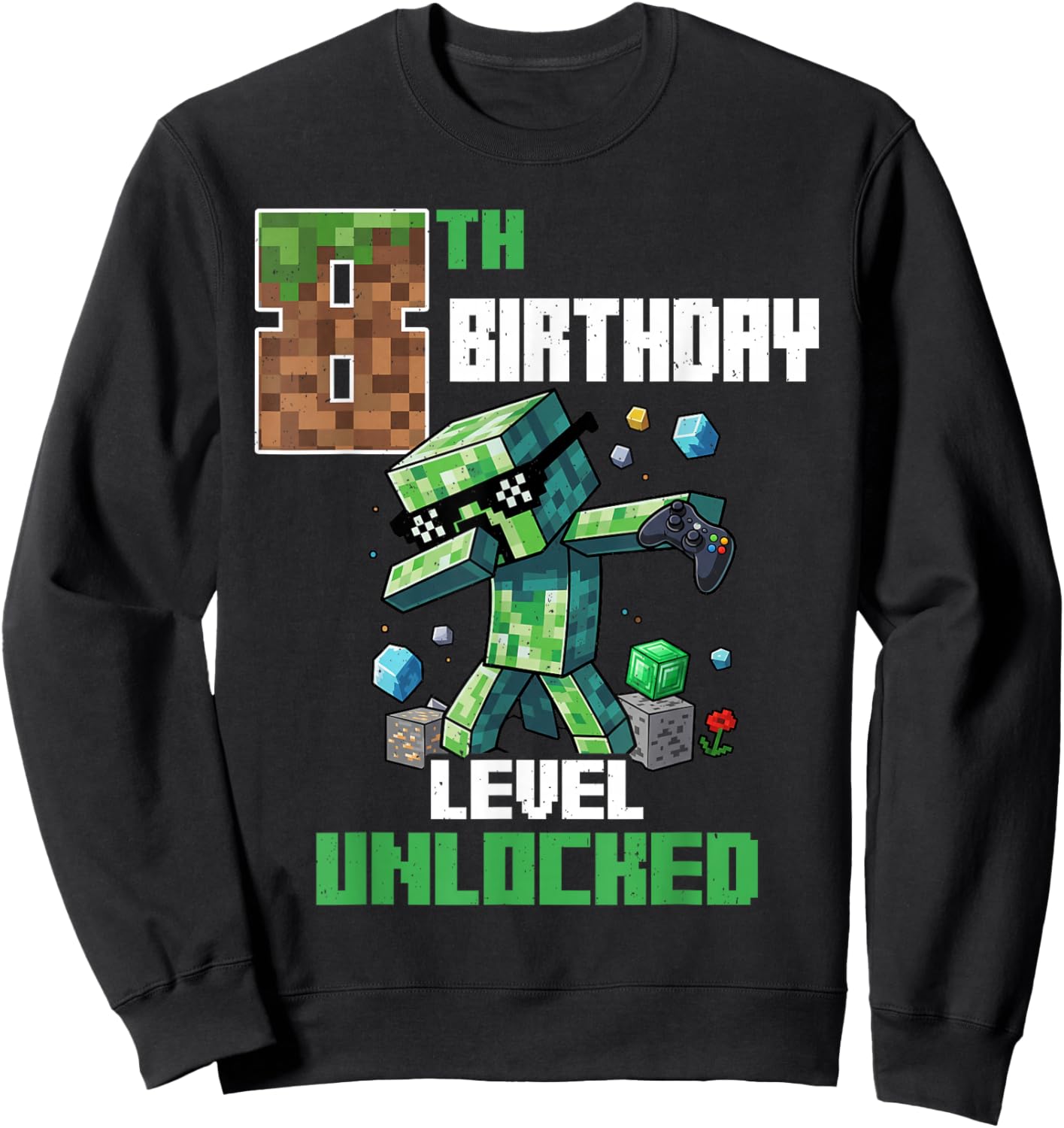 8th Birthday Level Unlocked Pixel Dab 8 Bday Gamer Boys Kids Sweatshirt - Sweatshirt | Black