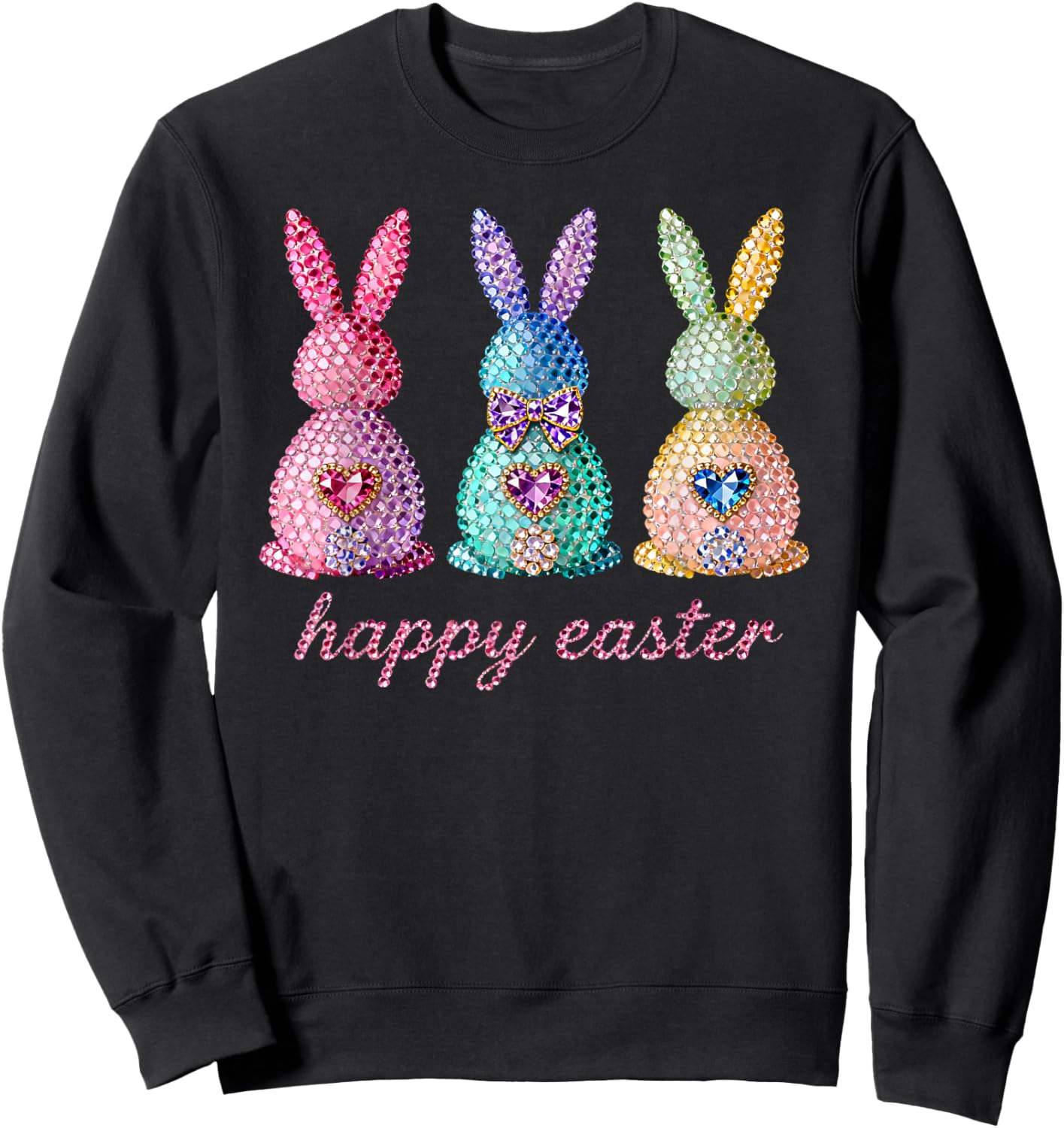 Funny Three Bunnies Rabbit Eggs Happy Easter Trendy Sparkly Sweatshirt - Sweatshirt | Black