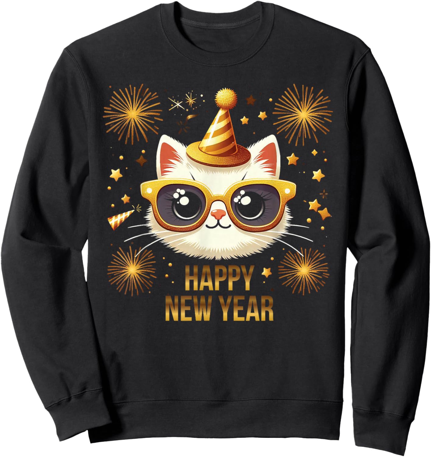 Happy New Year Cat Fireworks New Years Eve Party Sweatshirt - Sweatshirt | Black