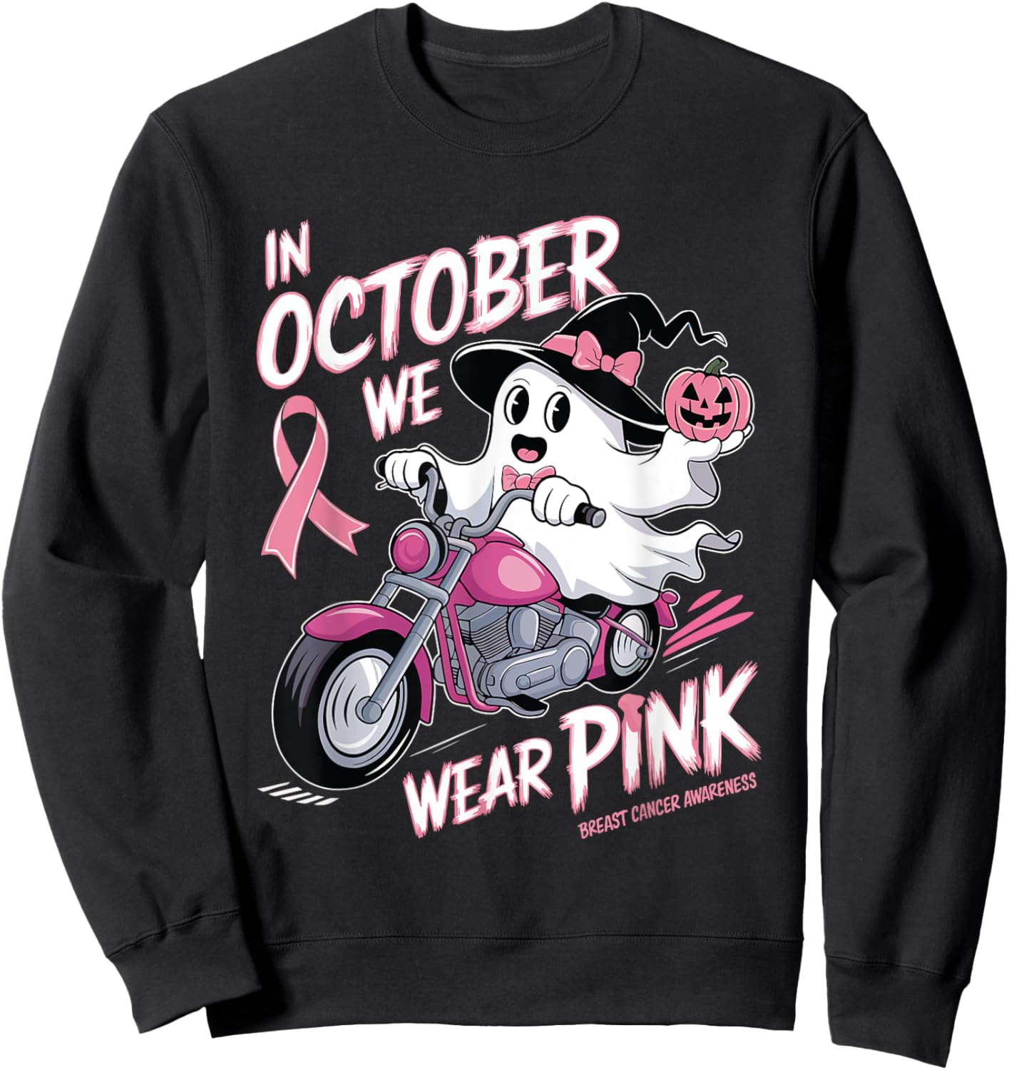 In October We Wear Pink Ghost Riding Motorcycle Halloween Sweatshirt - Sweatshirt | Black