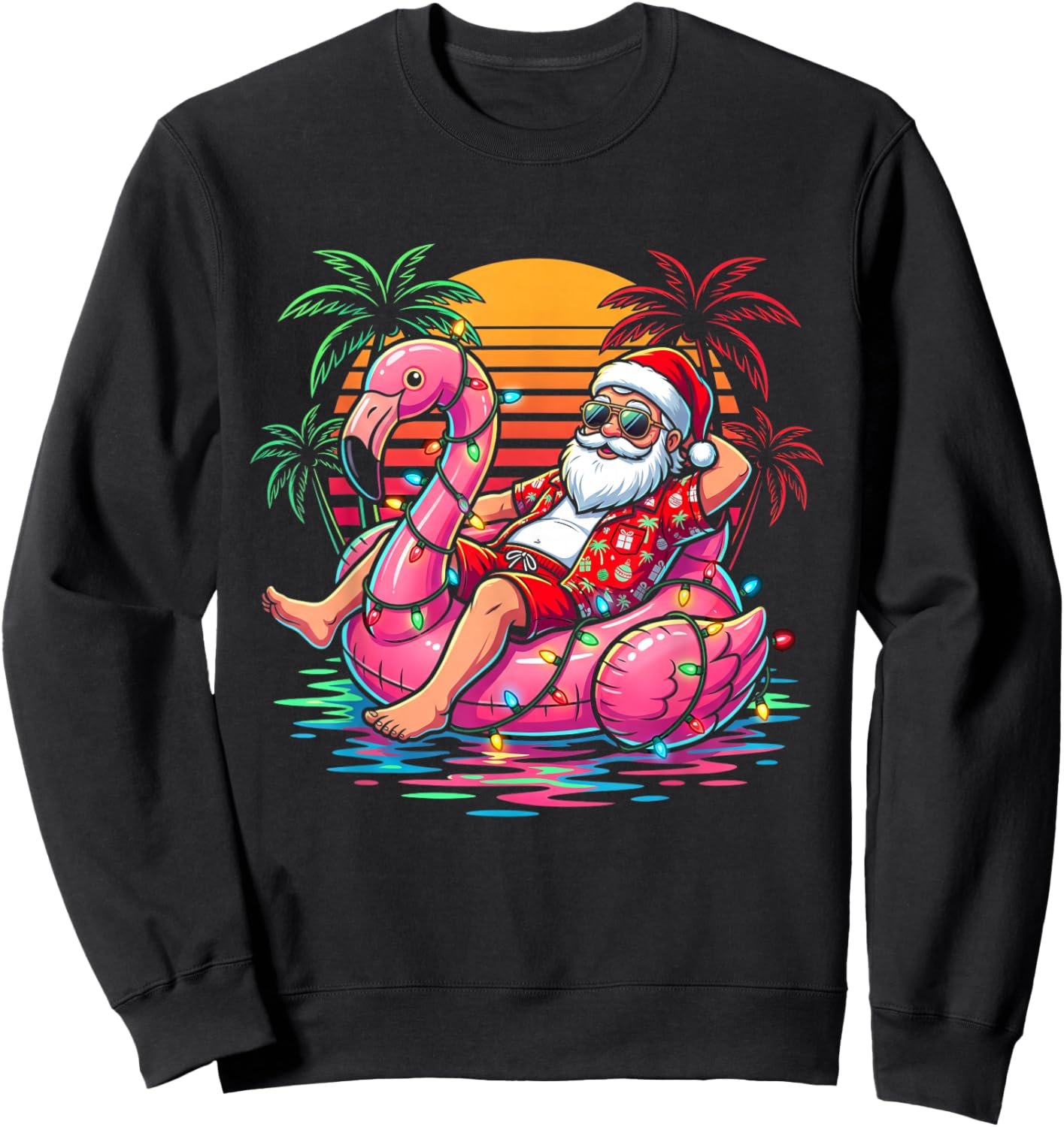 Christmas in July Santa Flamingo Float Summer Beach Xmas Sweatshirt - Sweatshirt | Black