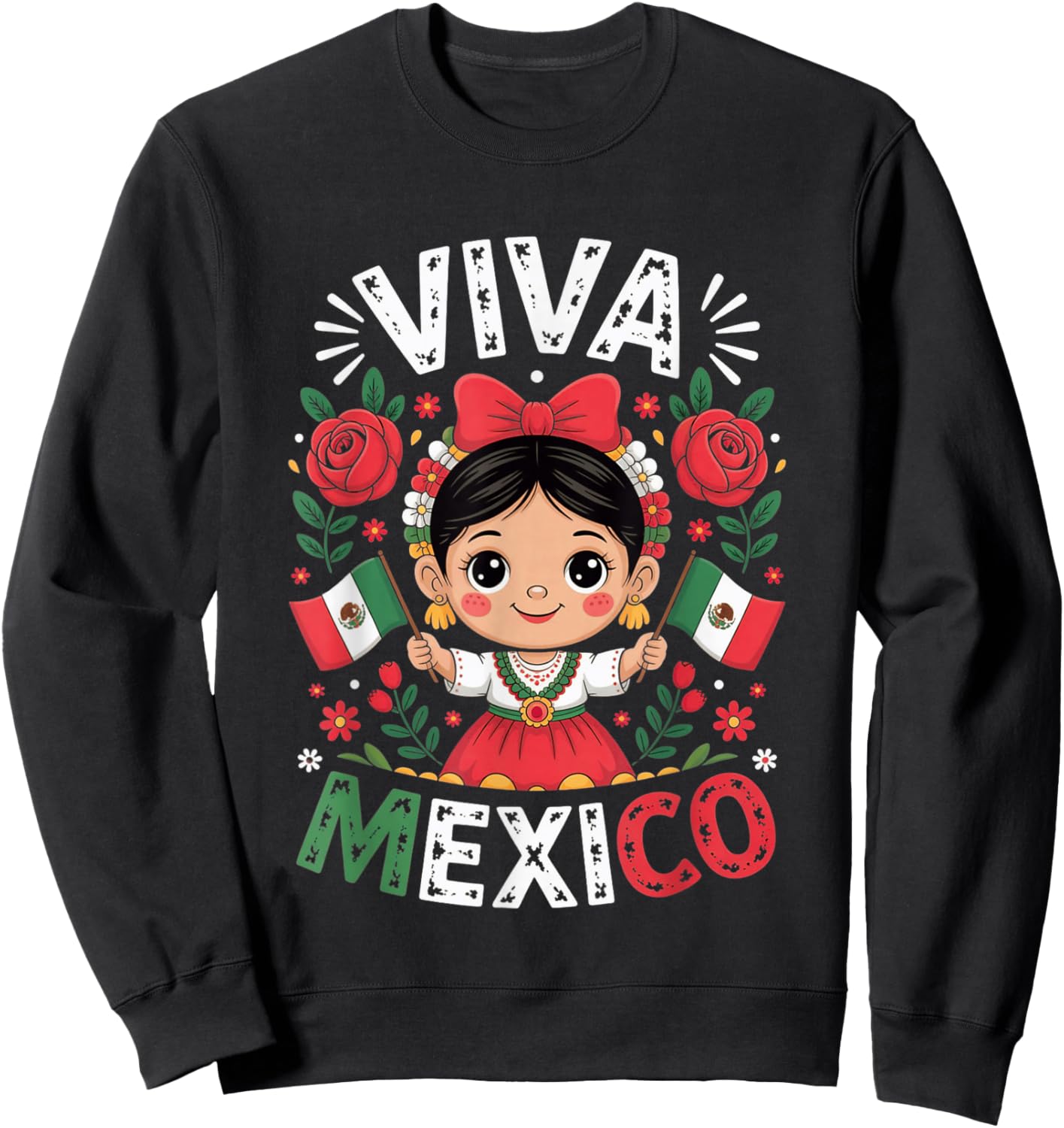 Viva Mexico Mexican Girl Flag Independence Day Girls Men WOM Sweatshirt - Sweatshirt | Black