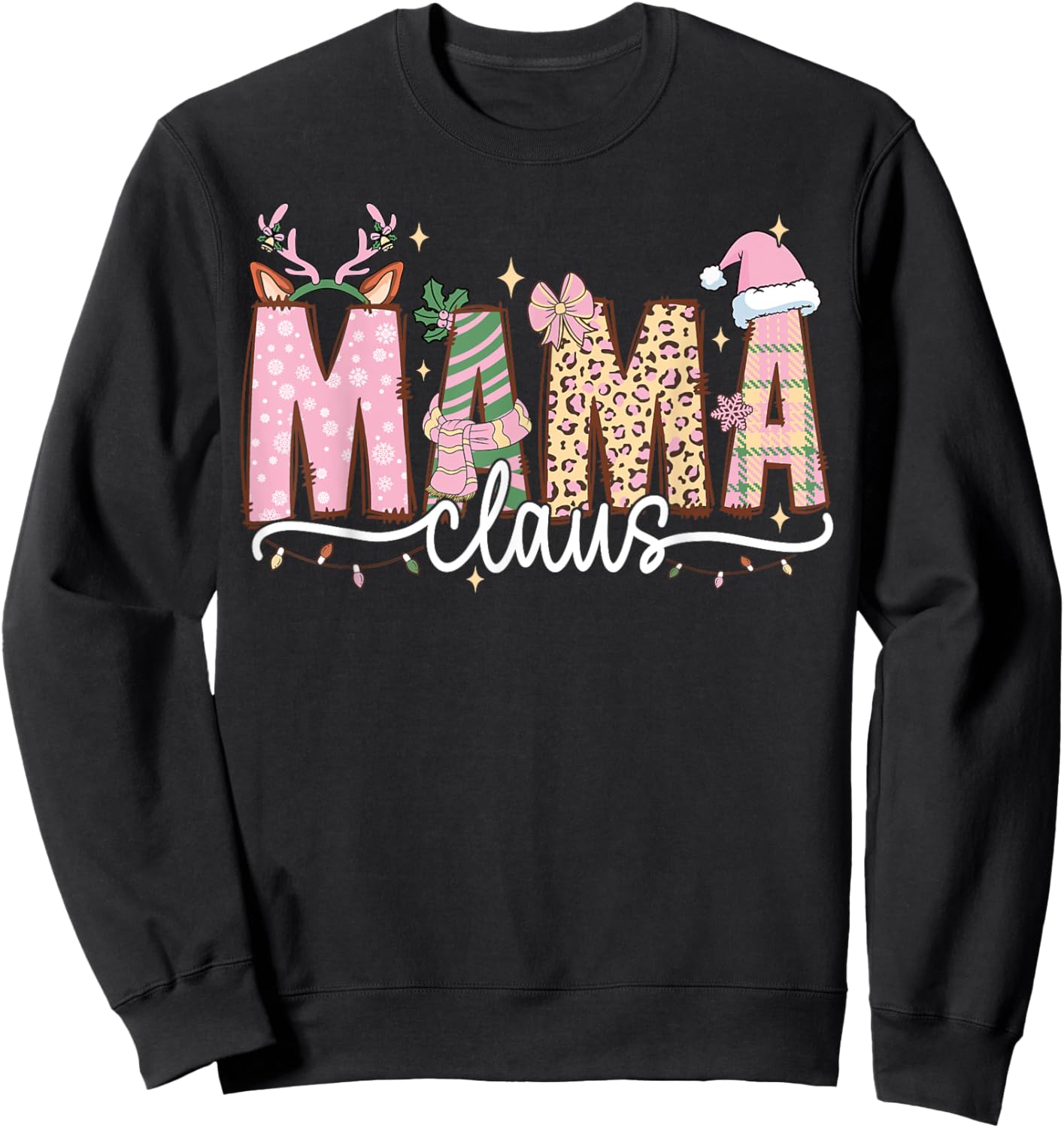 Mama Claus Retro Leopard Pink Christmas Reindeer Xmas Lights Sweatshirt - Sweatshirt | Black