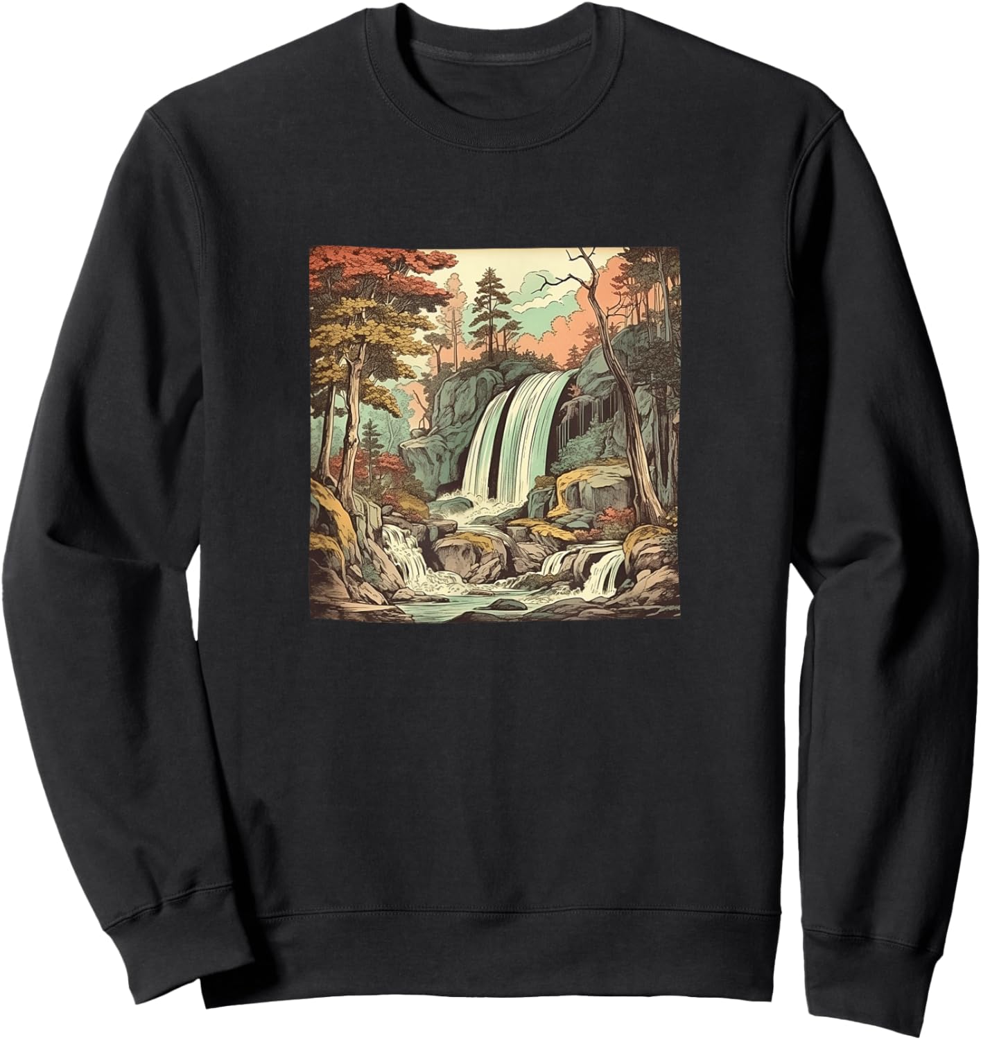 Waterfall In A Forest Vintage Landscape Graphic Sweatshirt - Sweatshirt | Black