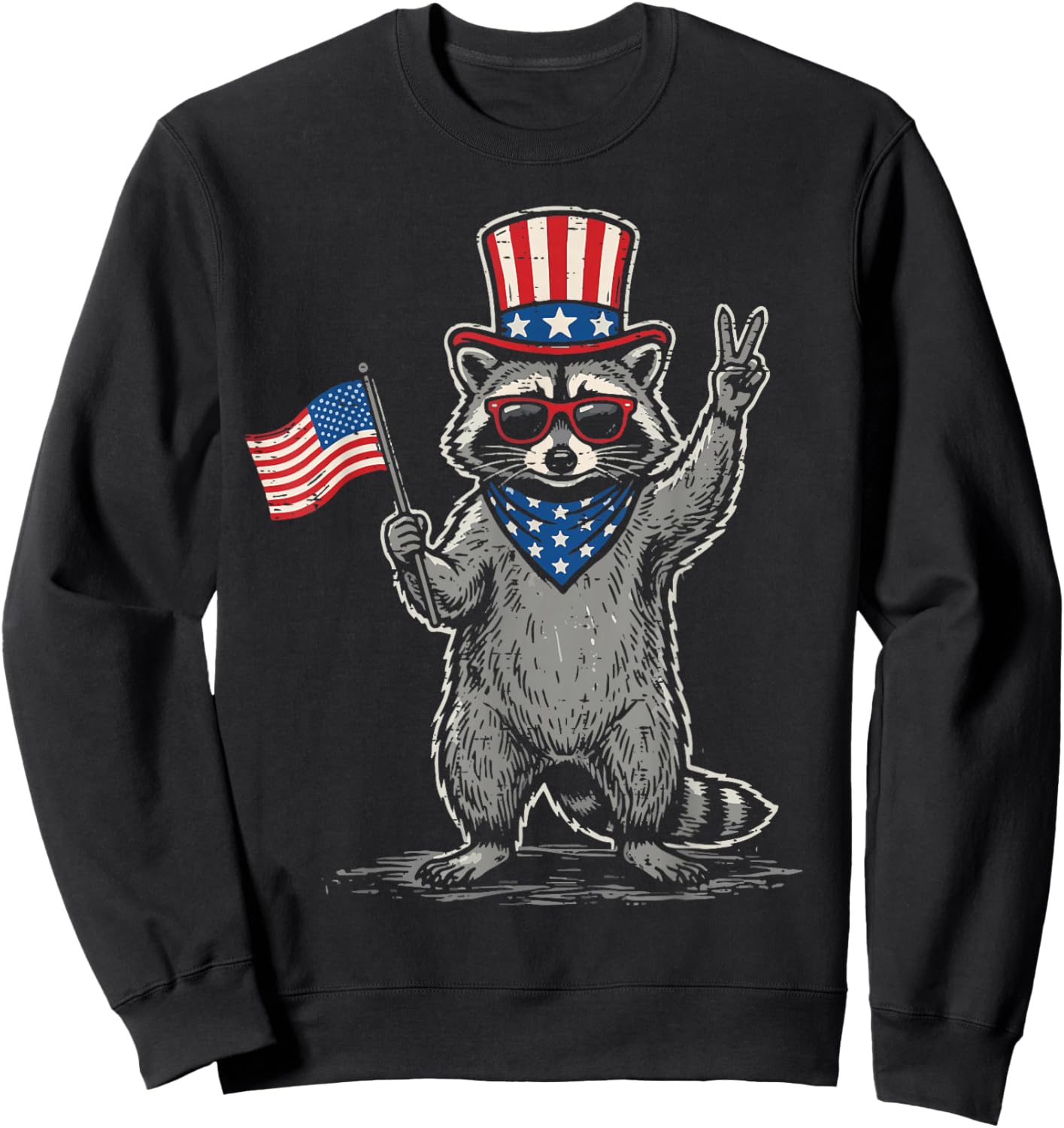 4th of July Raccoon Peace US Flag Patriotic Men Women Kids Sweatshirt - Sweatshirt | Black