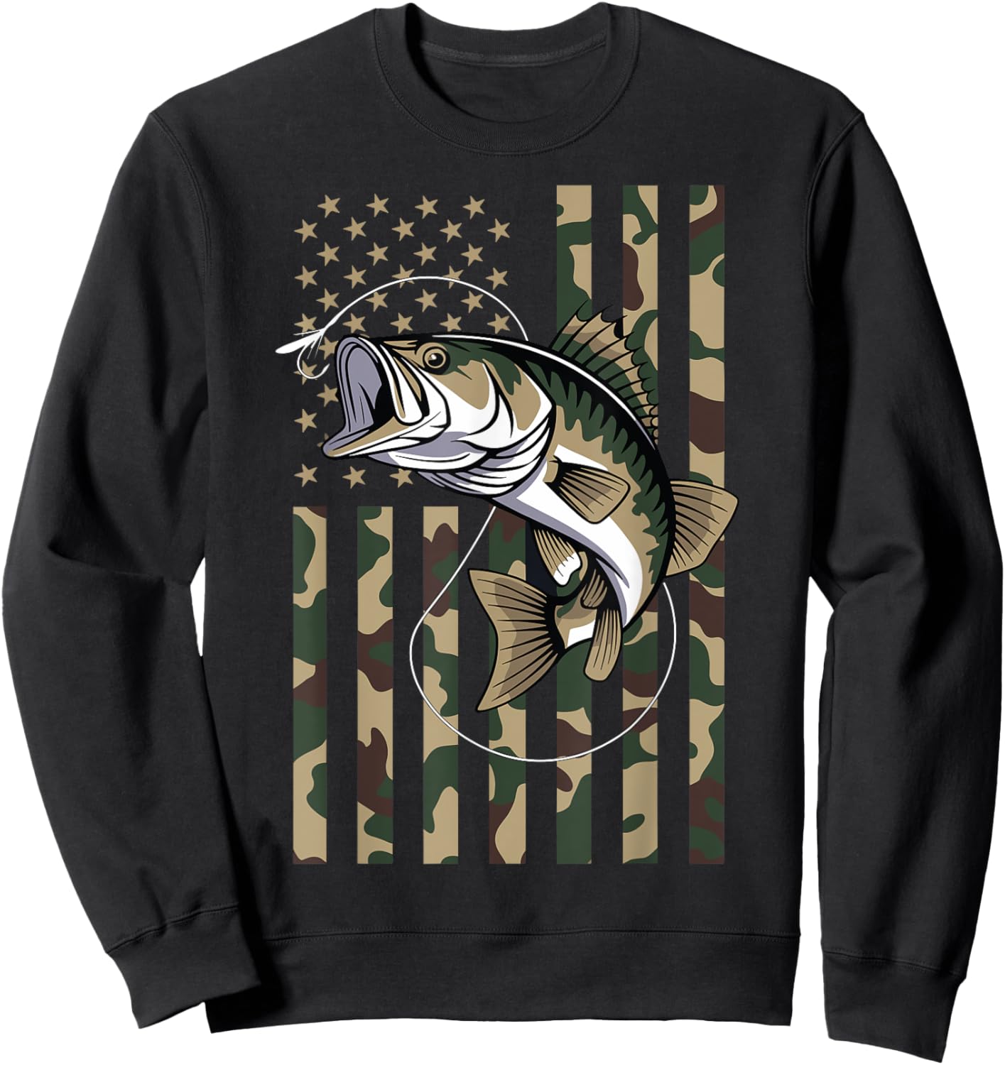 Camo US Flag Bass Fish Fishing Patriotic Men Women Sweatshirt - Sweatshirt | Black