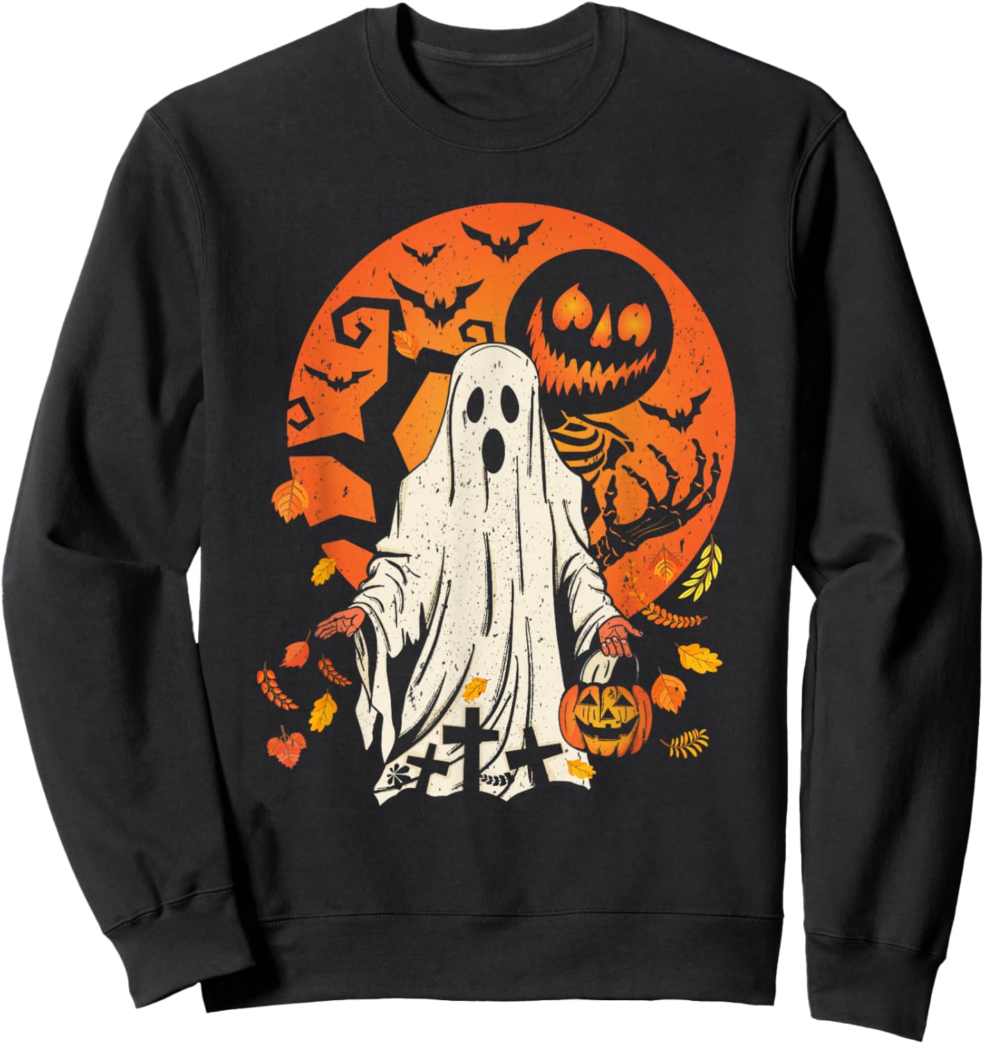 Cute Pumpkin Ghost And Autumn Leaves Halloween Sweatshirt - Sweatshirt | Black
