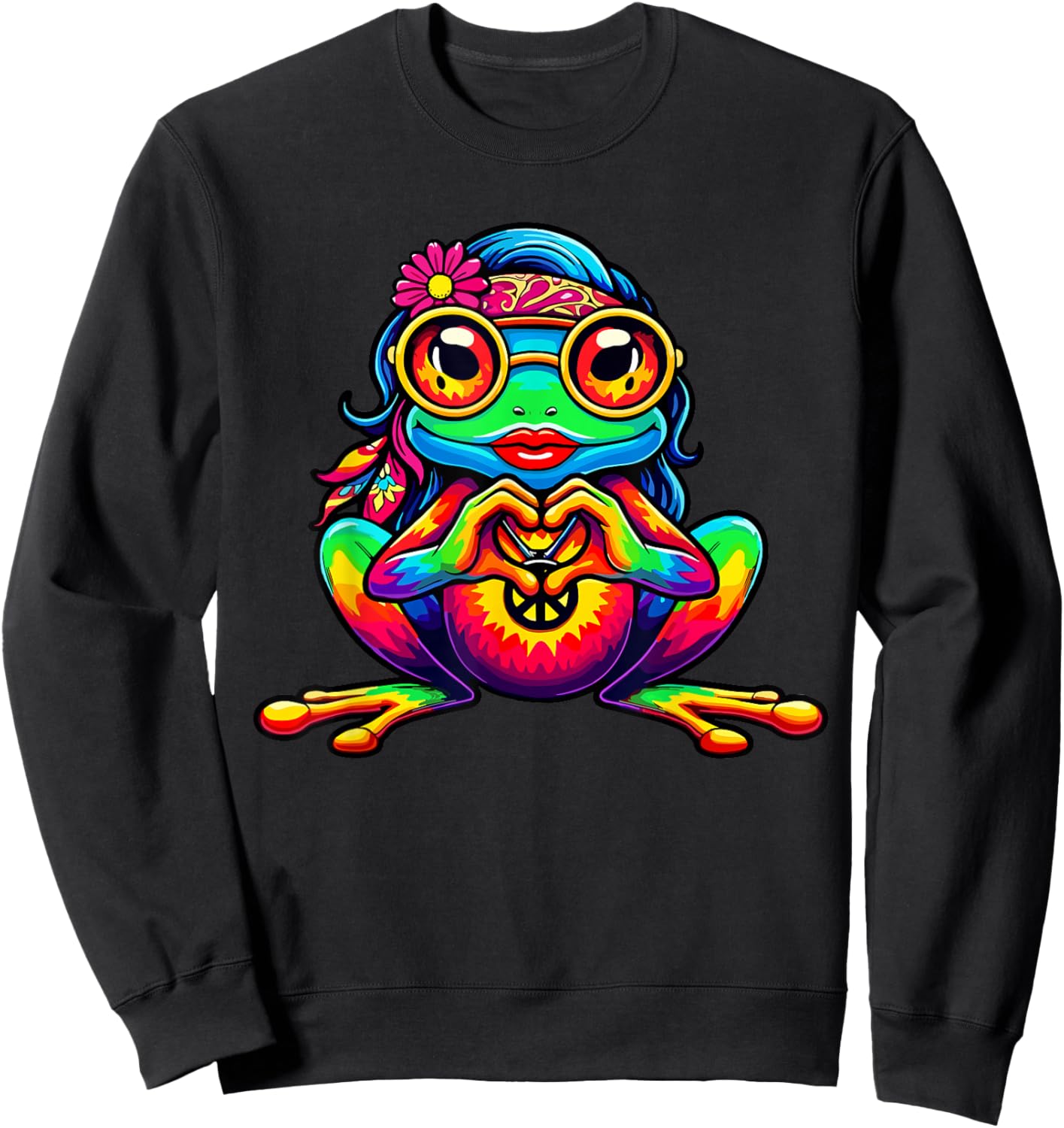 Hippie Frog Tie-Dye Girls Women Heart Hand 70s 60s Peace Sweatshirt - Sweatshirt | Black