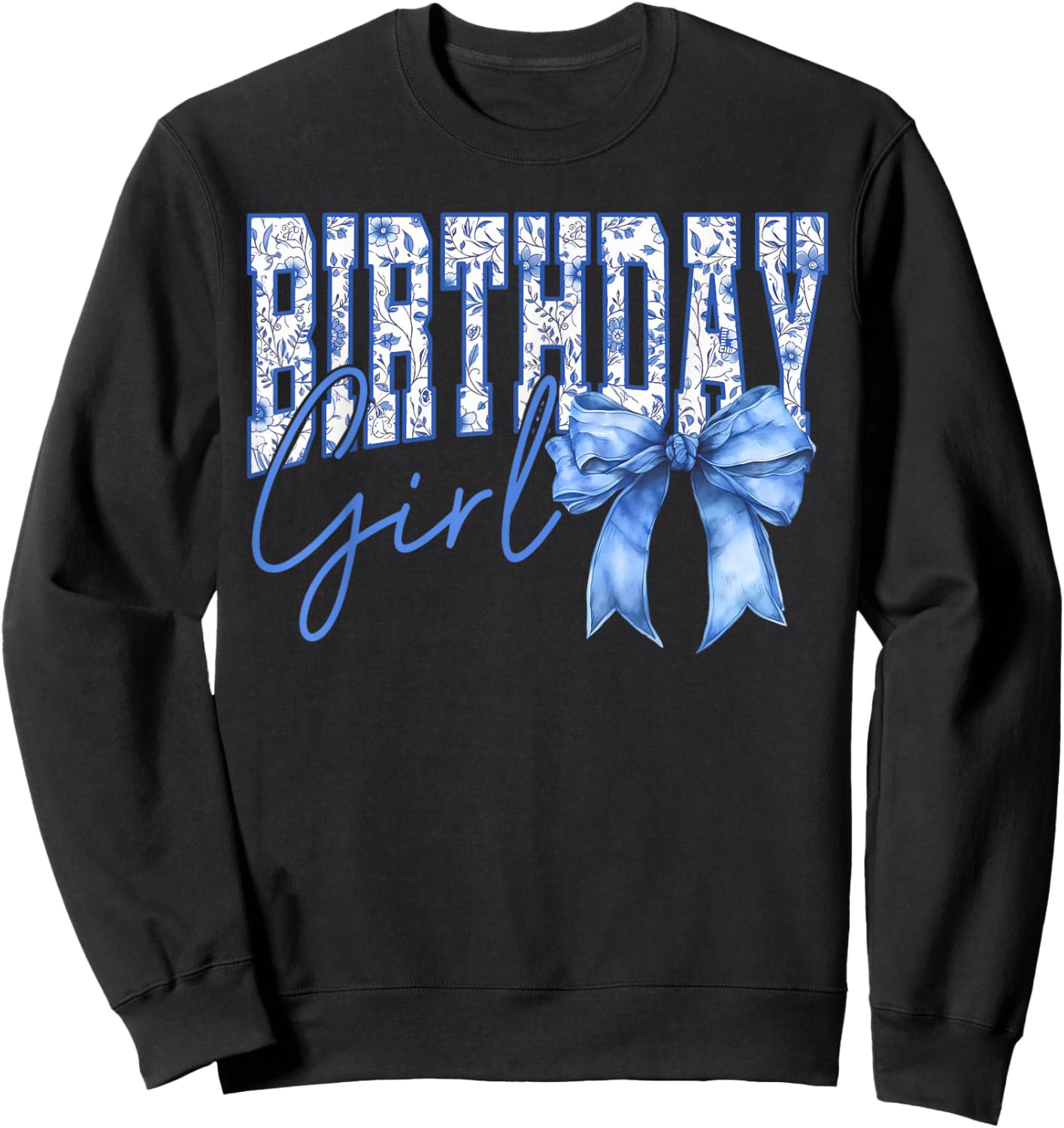 Birthday Girl Coquette Blue Toile Bow Girly Aesthetic Kids Sweatshirt - Sweatshirt | Black