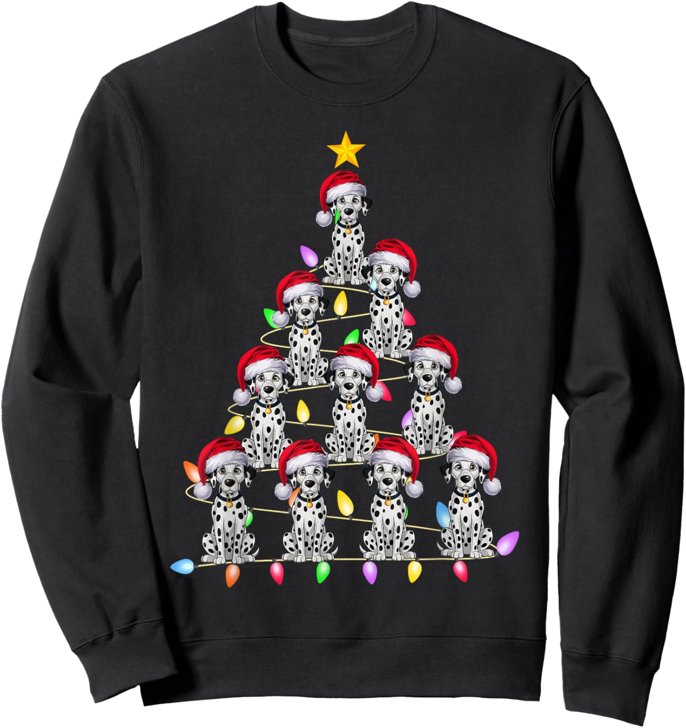 Christmas Tree Lights Men Women Santa Dalmatian Dog Xmas PJs Sweatshirt - Sweatshirt | Black