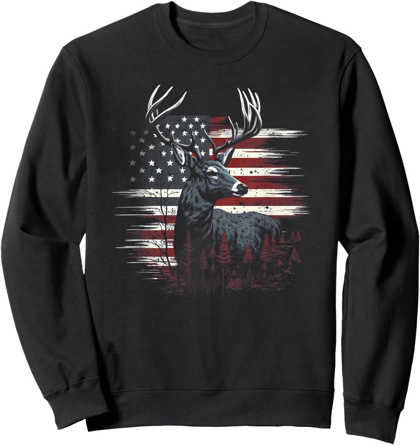 Deer Hunting American Flag Whitetail Buck Antlers Sweatshirt - Sweatshirt | Black
