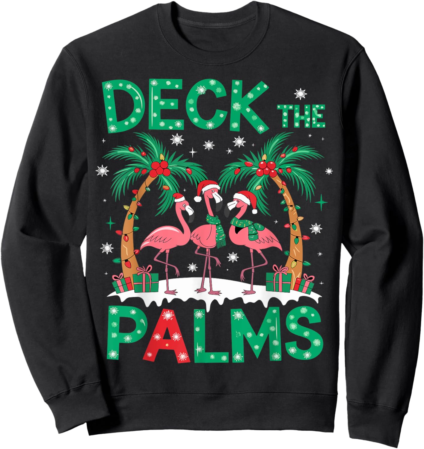 Deck the Palms Flamingo Tropical Christmas Lights Palm Tree Sweatshirt - Sweatshirt | Black