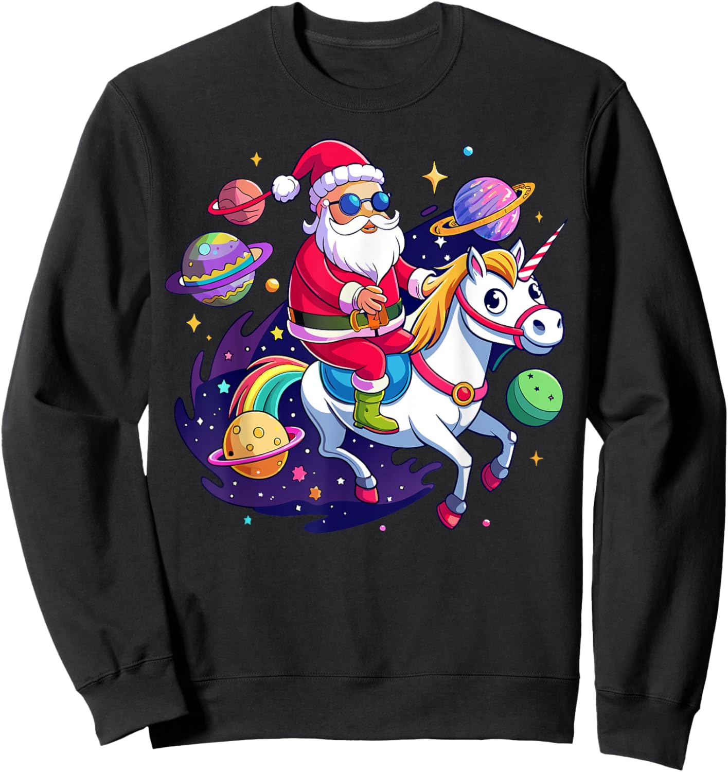 Christmas Santa Riding Unicorn Cute Xmas Holiday Girls Women Sweatshirt - Sweatshirt | Black