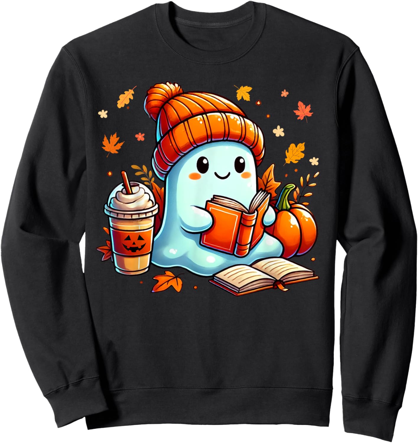 Cute Ghost Reading Book Lovers Halloween Coffee and Book Sweatshirt - Sweatshirt | Black