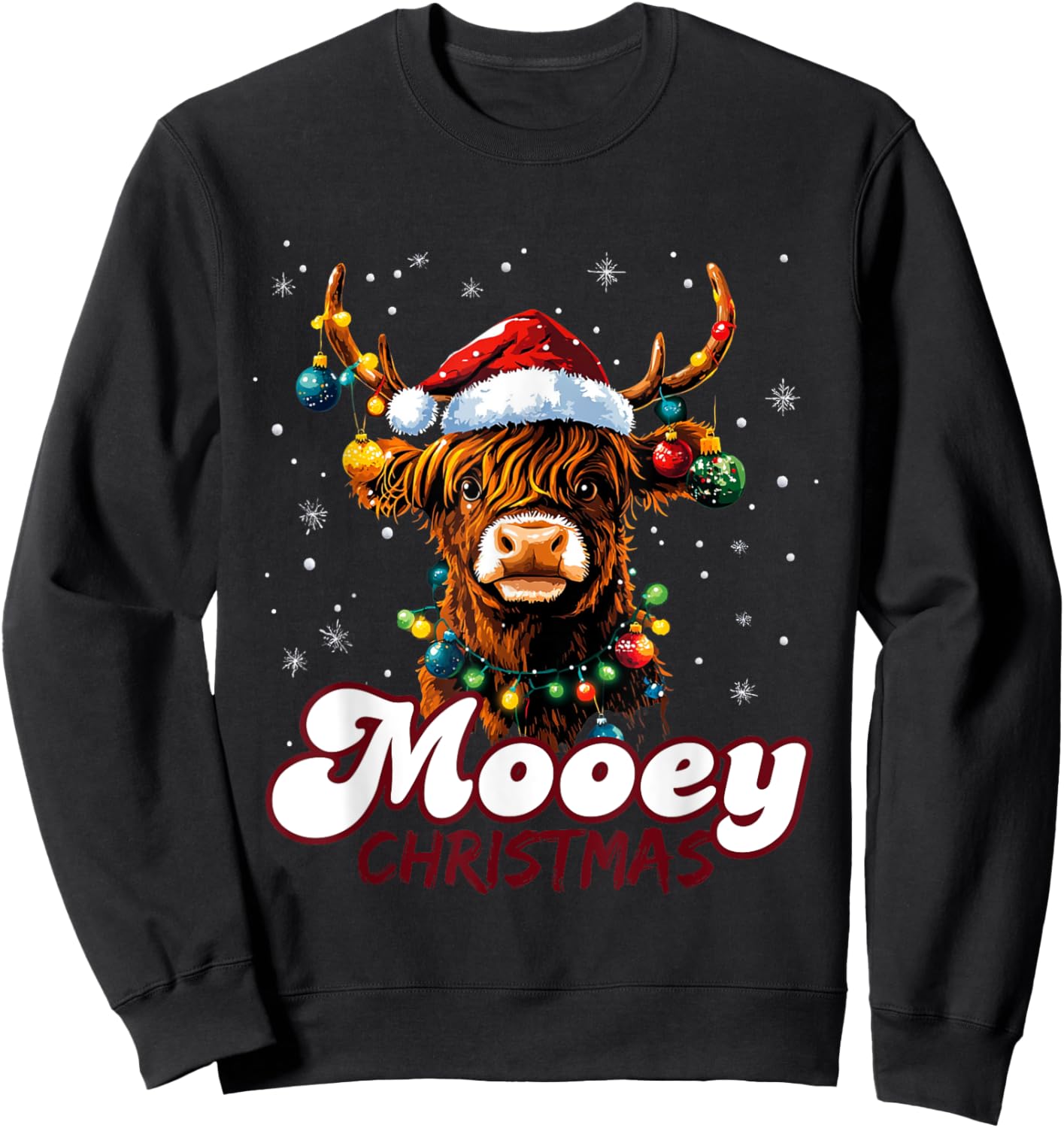 Mooey Christmas Highland Cow with Santa Hat and Xmas Lights Sweatshirt - Sweatshirt | Black