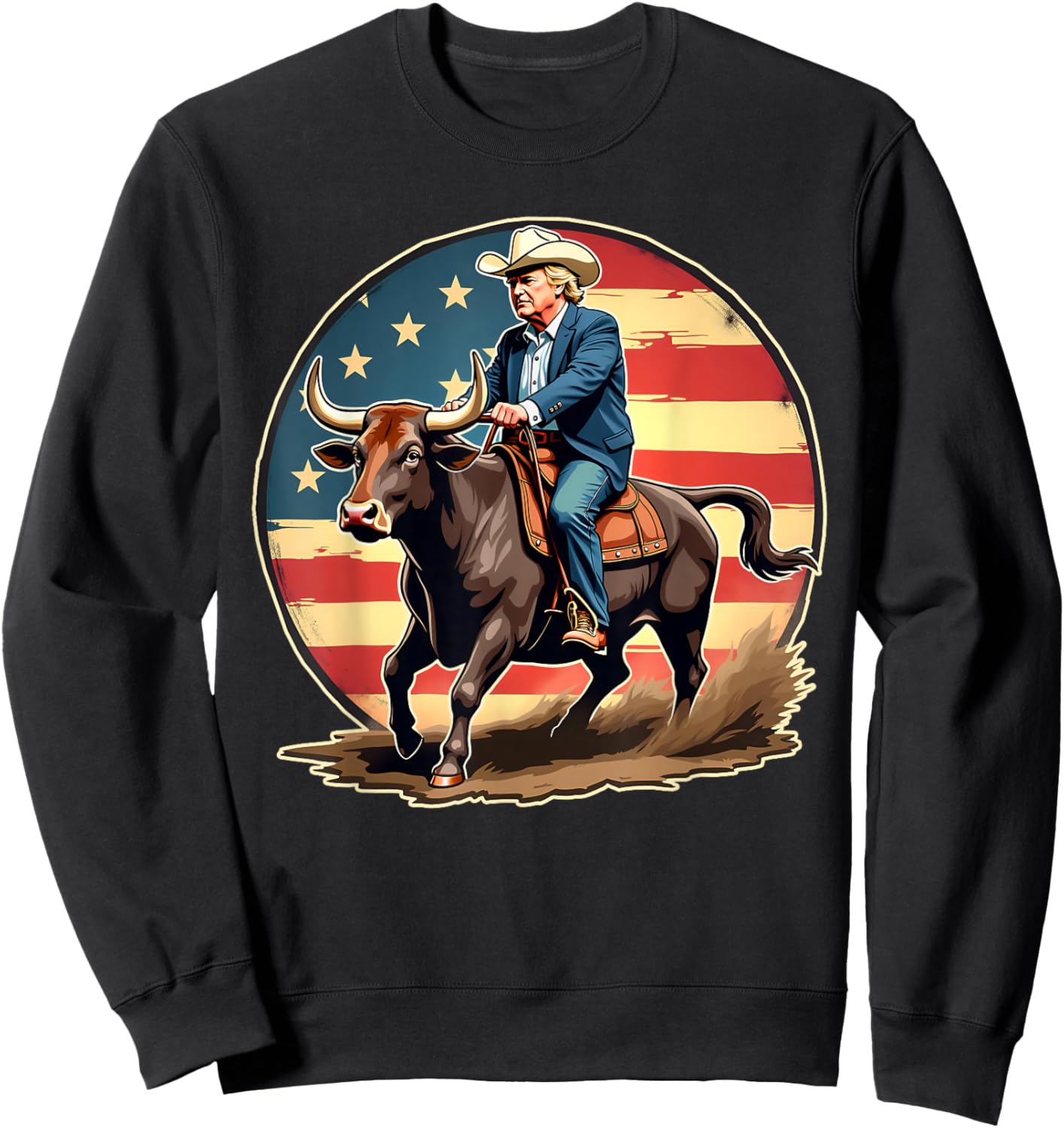 Trump Bull Rider American Flag USA Riding Rodeo Cowboy Sweatshirt - Sweatshirt | Black